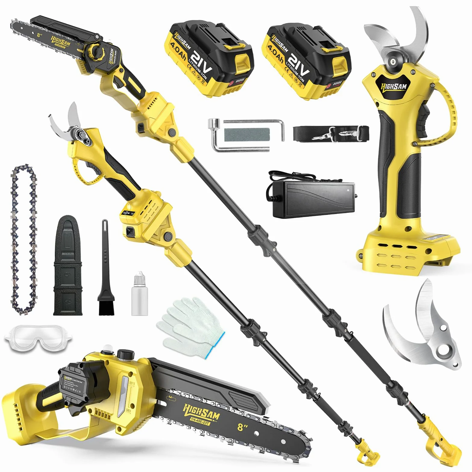 8 Pouces Mini Scie à Chaîne & Taille-Branches Sans Fil, 4-en-1 Outil Jardin Moteur Sans Balais, Tige Télescopique 4,2m, 2×4,0Ah Batteries, Scie à Chaîne, Taille Branches & Coupe Bois