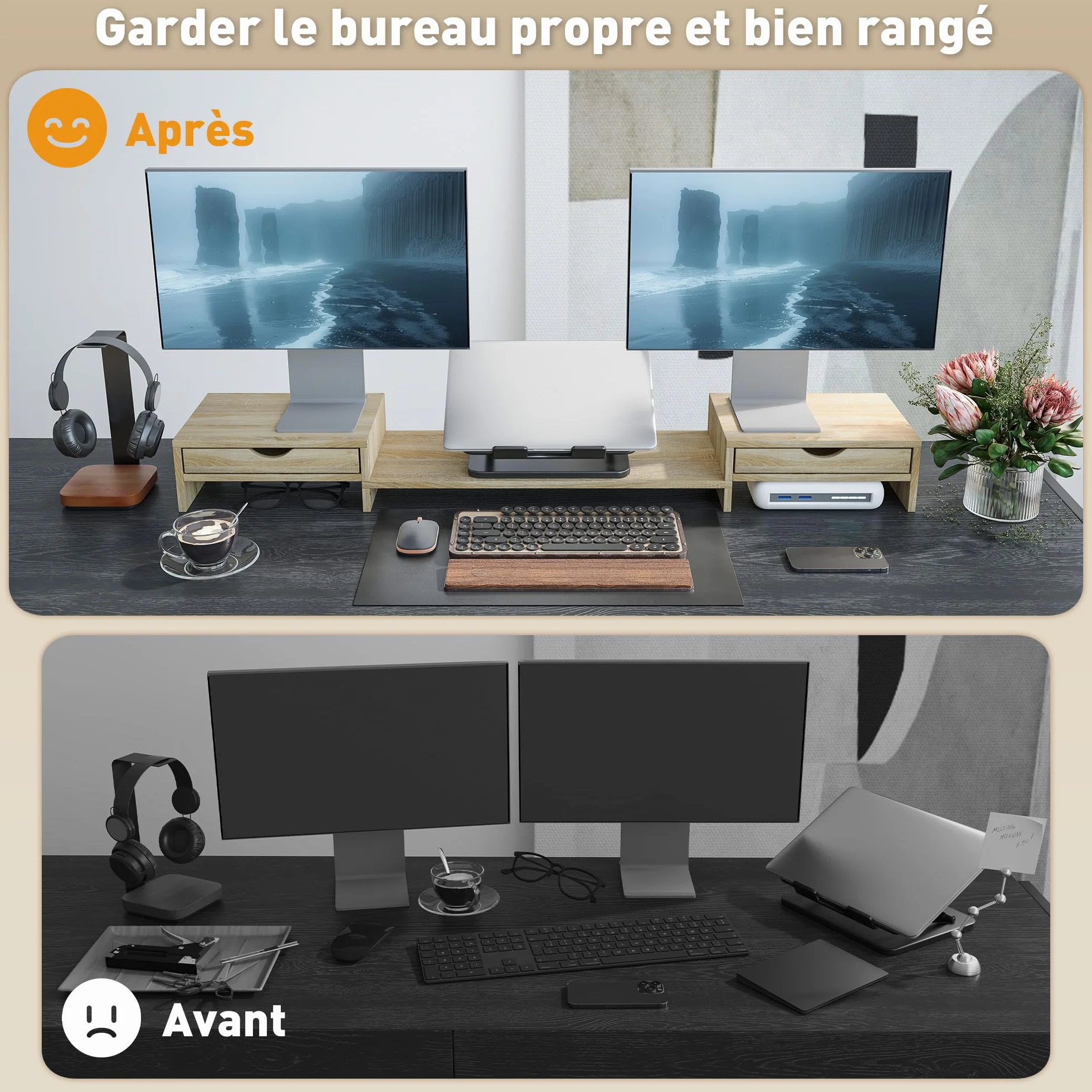HOMCOM Rehausseur écran PC bureau support moniteur 60-116 cm 2 tiroirs réglable chêne