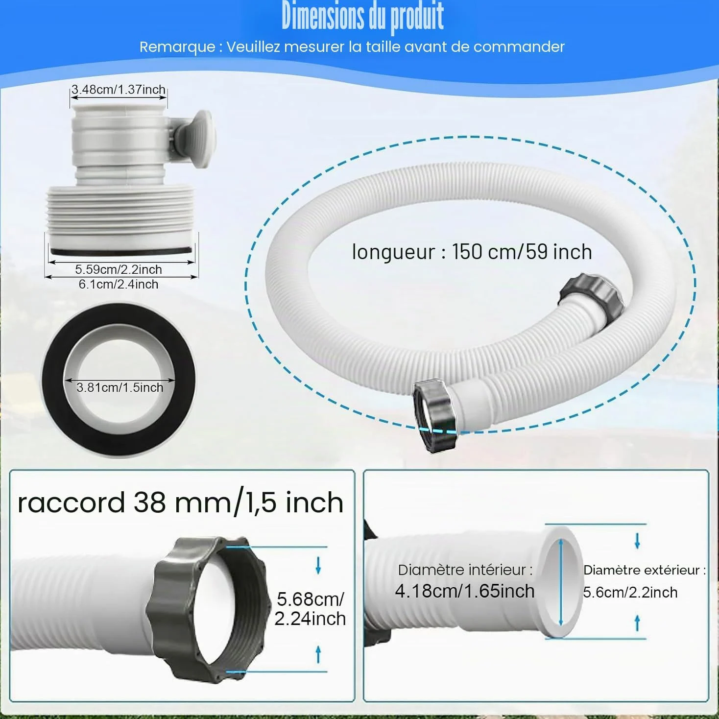 Lot de 2 tuyaux de piscine 38 mm, pour piscines hors-sol, 150 cm, avec 2 adaptateurs de tuyau de type B, tuyau de rechange pour piscine Intex, pompe à filtre