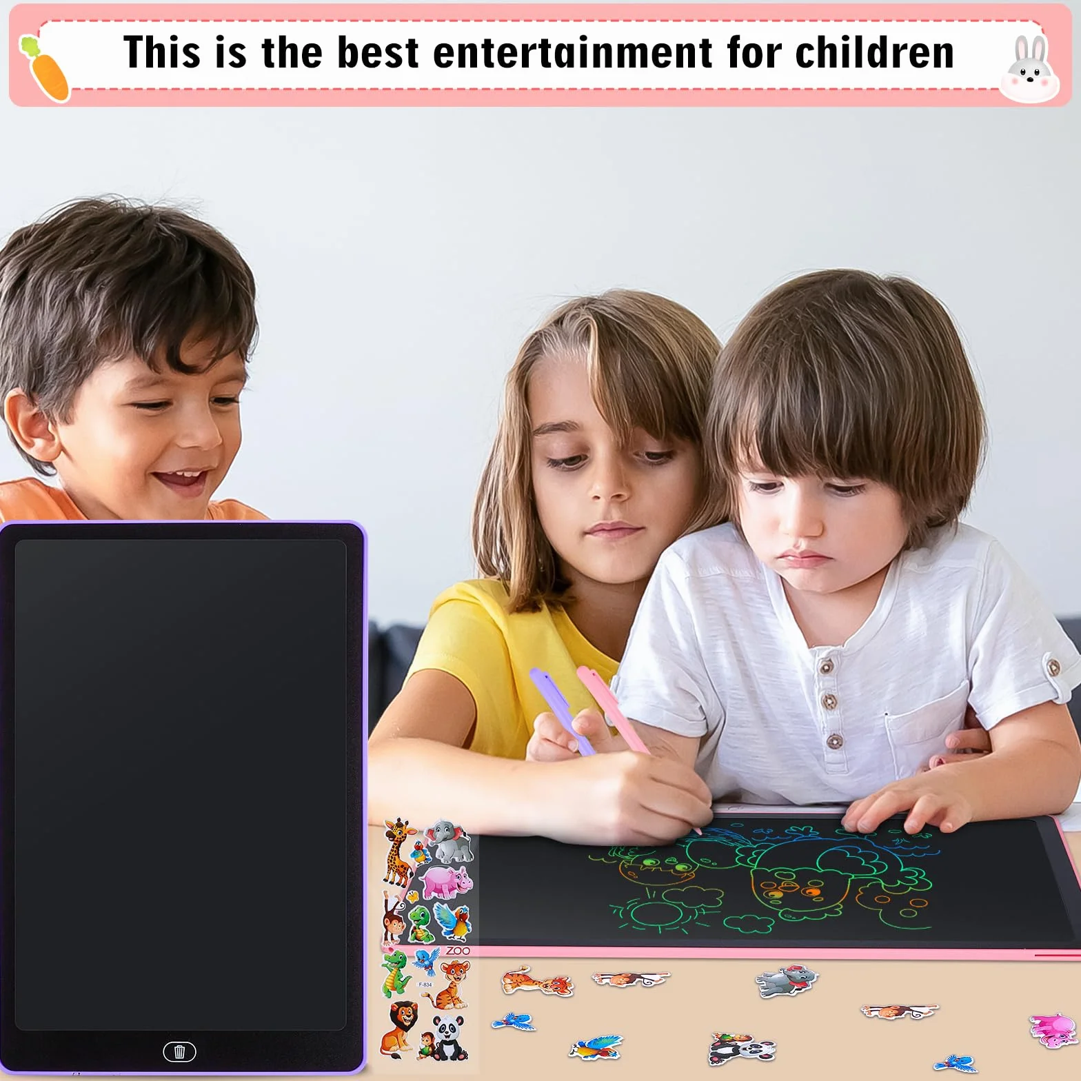 Tablette D'écriture LCD 15 Pouces 2 Pack, Écran Coloré, Bloc D'écriture Effaçable avec Autocollants Animaux, Rose + Violet
