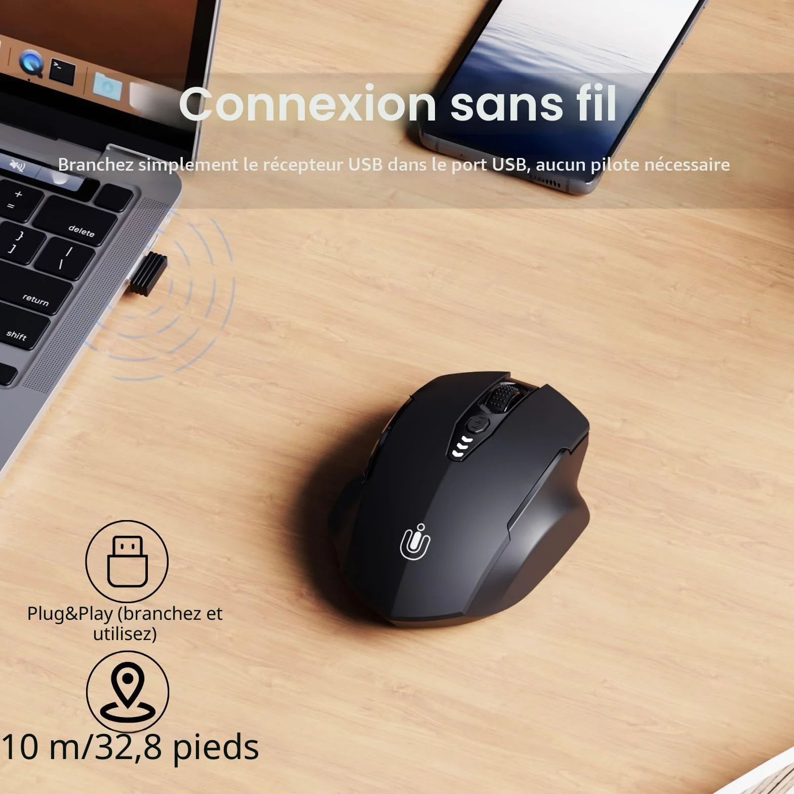 Uineer Souris sans Fil Rechargeable 2.4G USB, Ergonomique, 4 Niveaux DPI réglables, Indicateur de Batterie