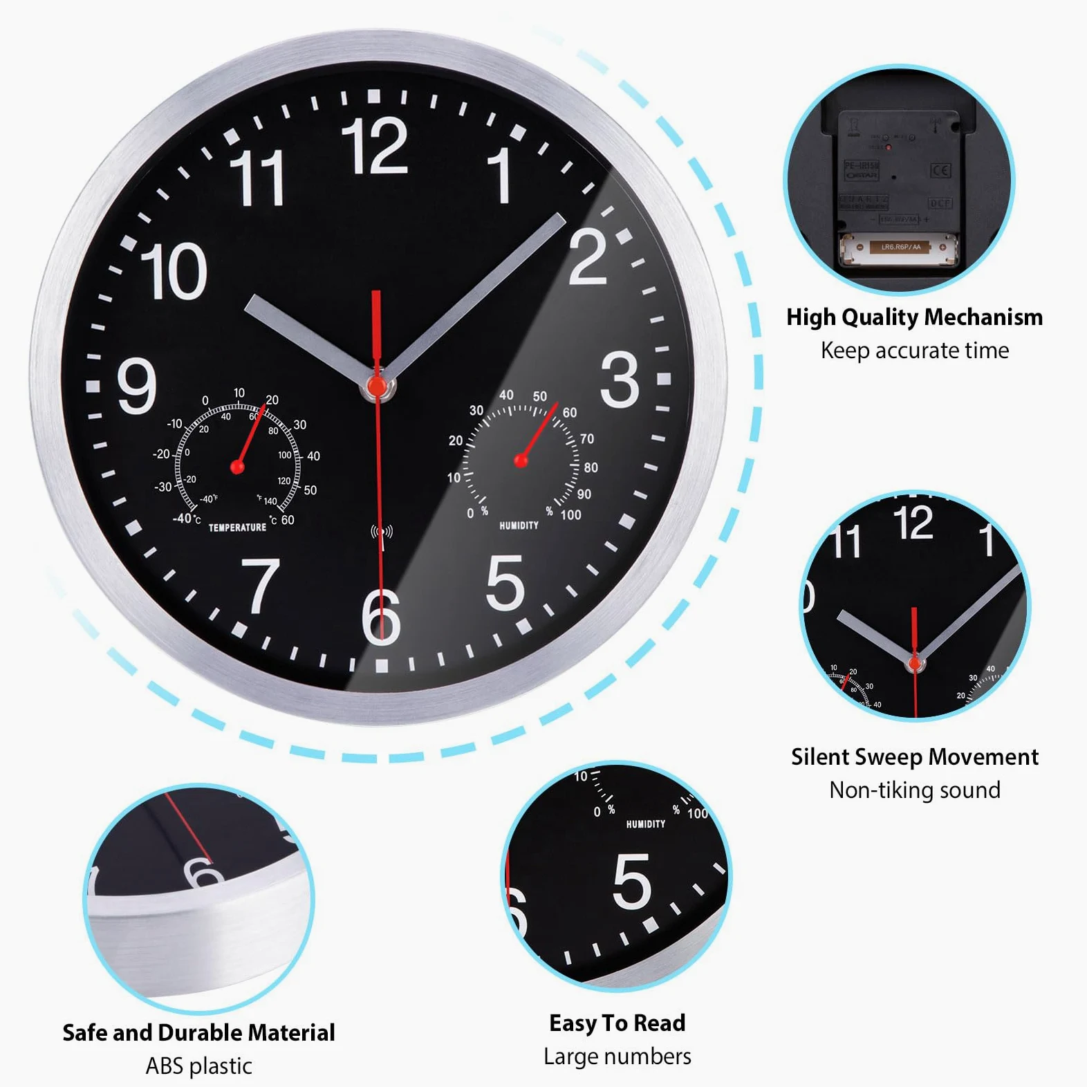 Horloge Murale Radio Pilotée avec Thermomètre et Hygromètre Pendule Murale Silencieuse et sans Tic-Tac de 25cm pour Salon, Cuisine, Bureau, Chambre