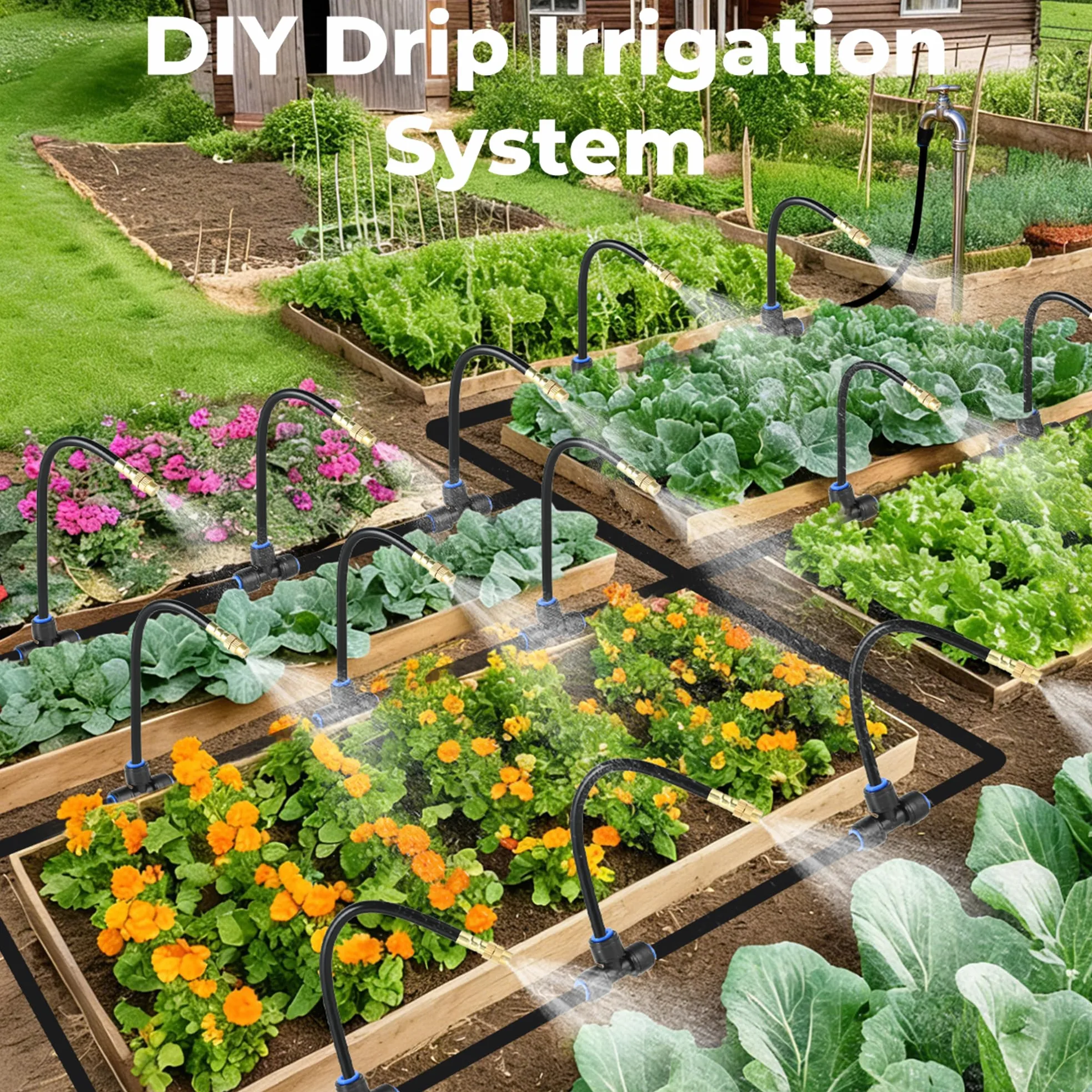 Système d'irrigation Micro Drip System pour le jardin : 38 m avec 20 buses de pulvérisation, arrosage gouttelette, kit incurvé pour balcon, plate-bande surélevée de jardin, raccord rapide