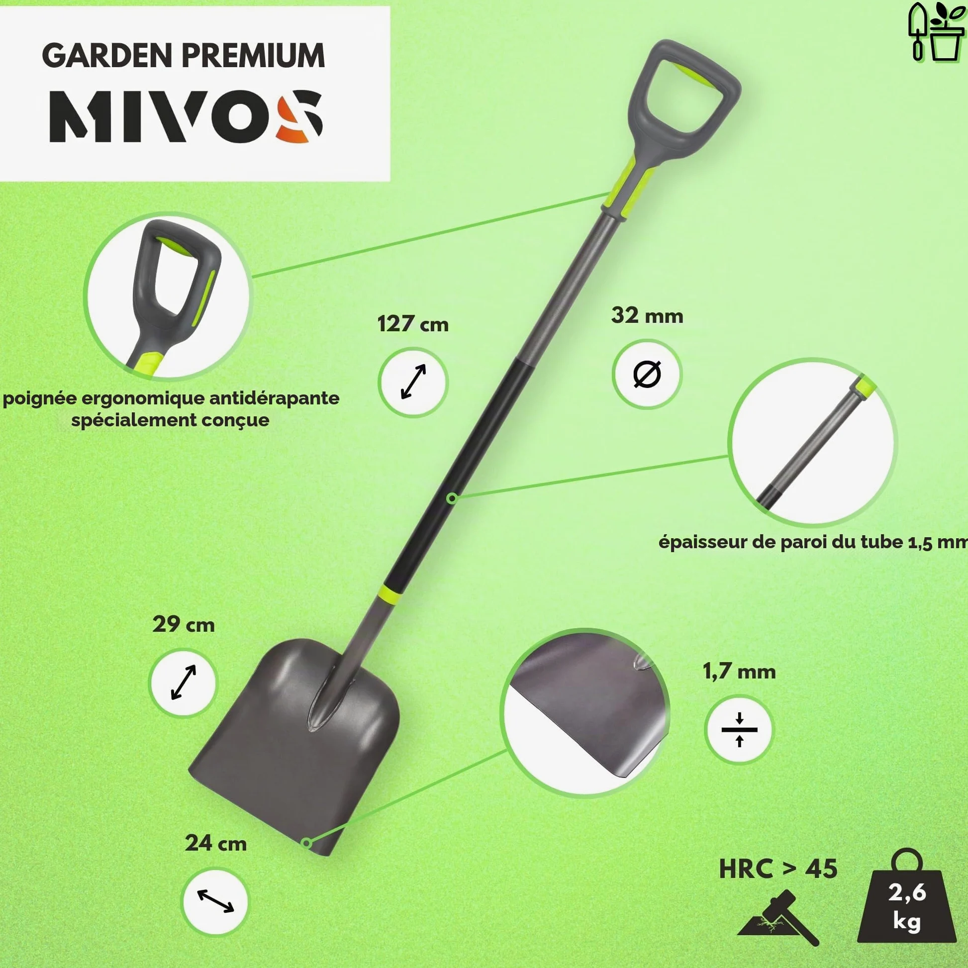 Mivos Pelle de Jardin Carrée Professionnelle en Acier au Bore Trempé - Pelle à Creuser Renforcée - Longueur 124 cm - Manche en Acier et Poignée en D - Made in EU