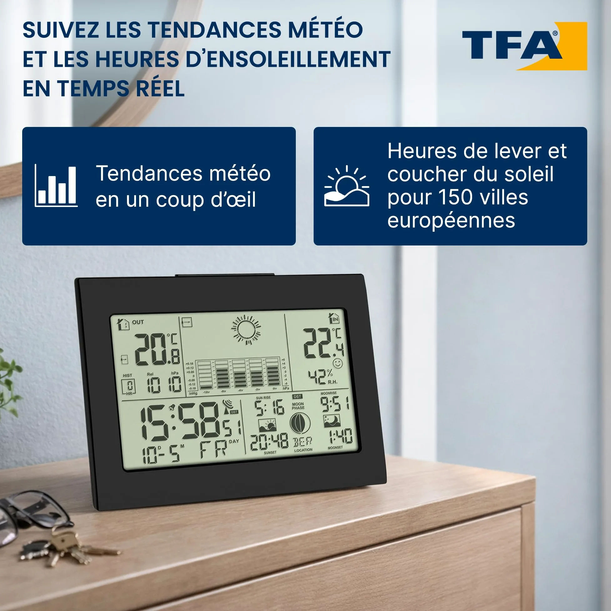 TFA Dostmann Station météo sans fil Horizon, 35.1155.01, avec capteur extérieur, phase de lune, pression atmosphérique, lever/coucher du soleil, prévisions météo, horloge radio-pilotée, noir