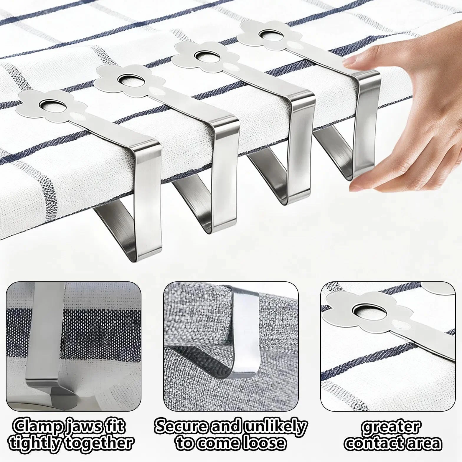 Pince pour Nappe de Table Extérieur Acier Inoxydable Design Fleuri Adjustable Fixation 2.5-3.5 cm Argent 10 Pièces