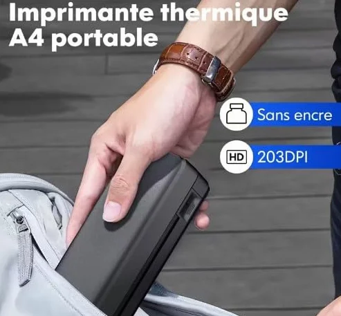 Imprimante Thermique Portable A4 sans Encre Bluetooth Compatible iOS Android Noir