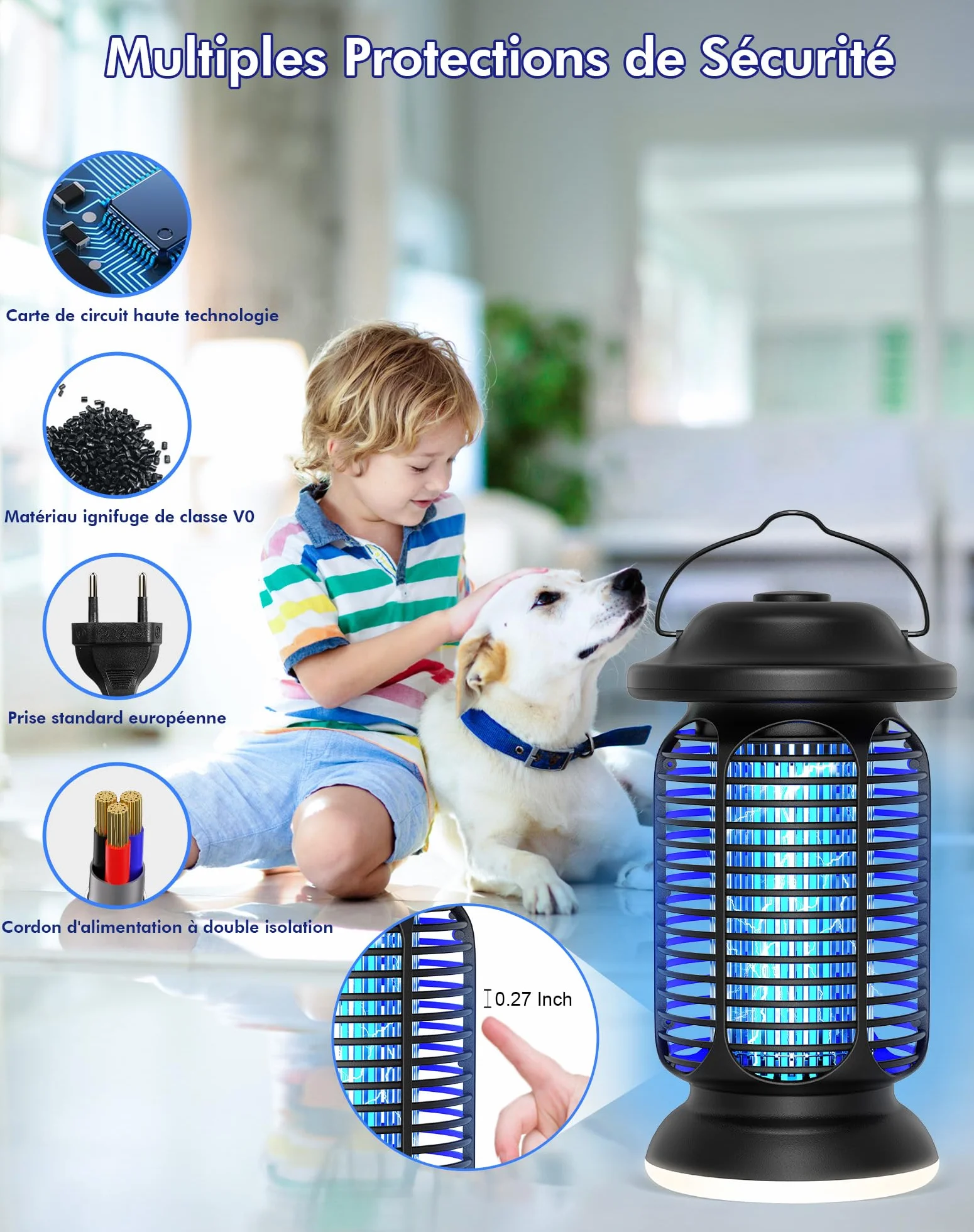 Lampe Anti Moustique 4000V Tue Mouche Électrique 20W UV IPX4 Étanche Piège à Insectes Extérieur Intérieur