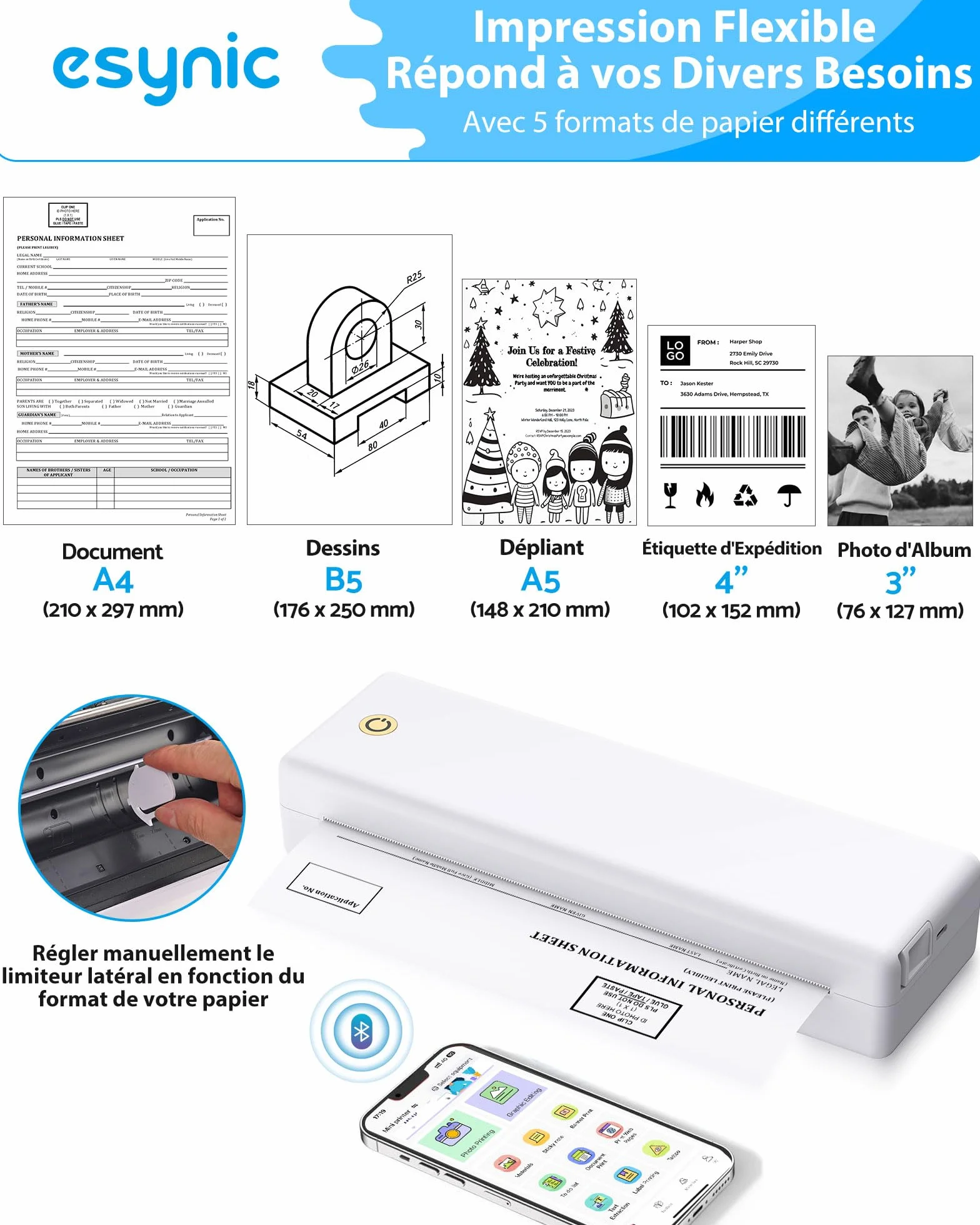 eSynic Imprimante Thermique Portable A4 Bluetooth USB Compatible iOS Android Windows MacOS