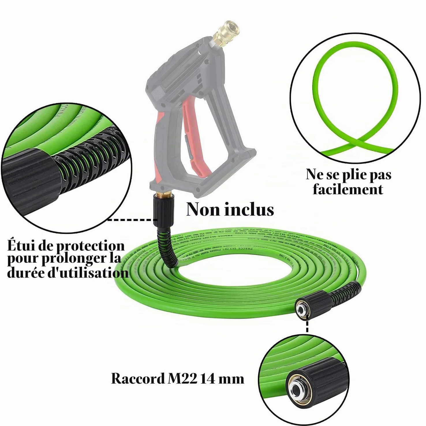 Tuyau pour Nettoyeur Haute Pression,15 m x 0.6 cm,avec 5 pièces Raccord Rapide,Tuyau Haute Pression avec Raccords M22 de 14 mm – 3600 PSI