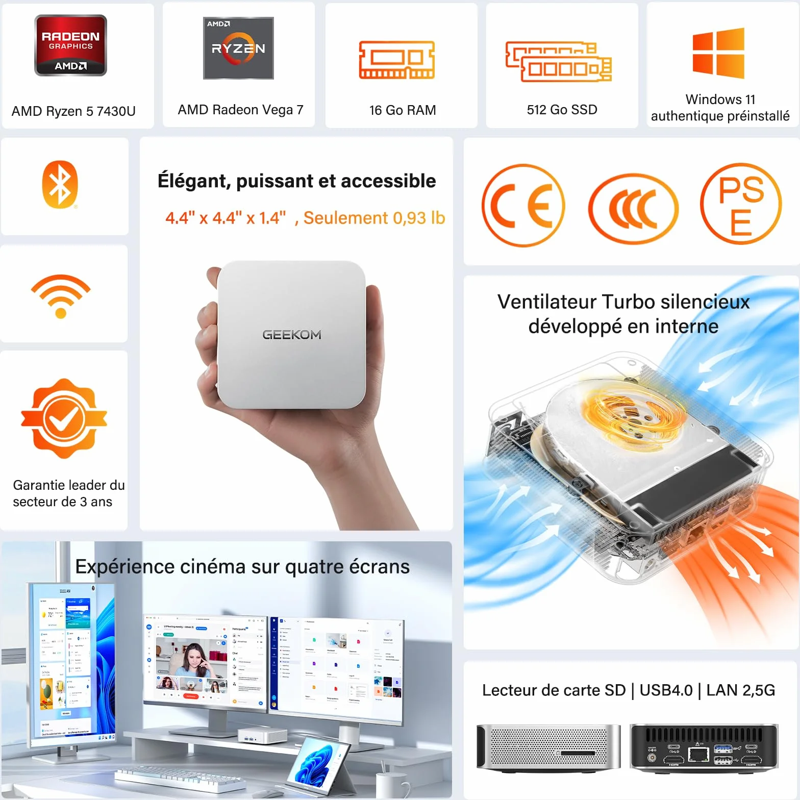 GEEKOM A5Pro Mini PC AMD Ryzen 5 7430U 16 Go RAM 512 Go SSD Aluminium Windows 11 Pro USB4 LAN 2,5G 8K Quad Display
