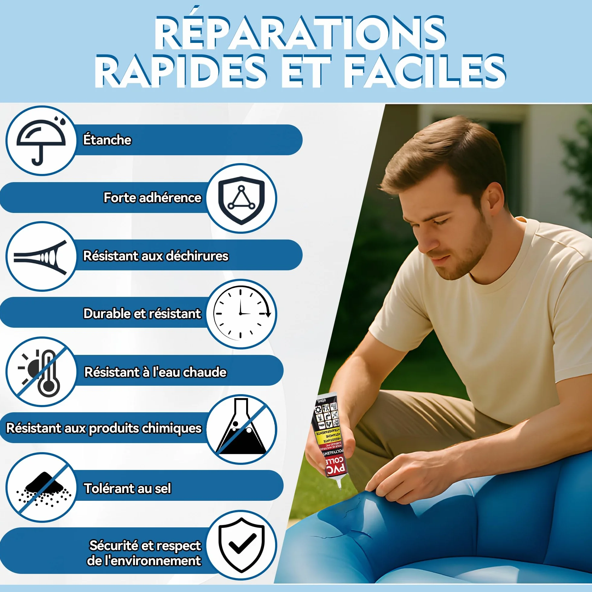 Kit Réparation Piscine Liner Colle pour réparations Rapides d'articles gonflables