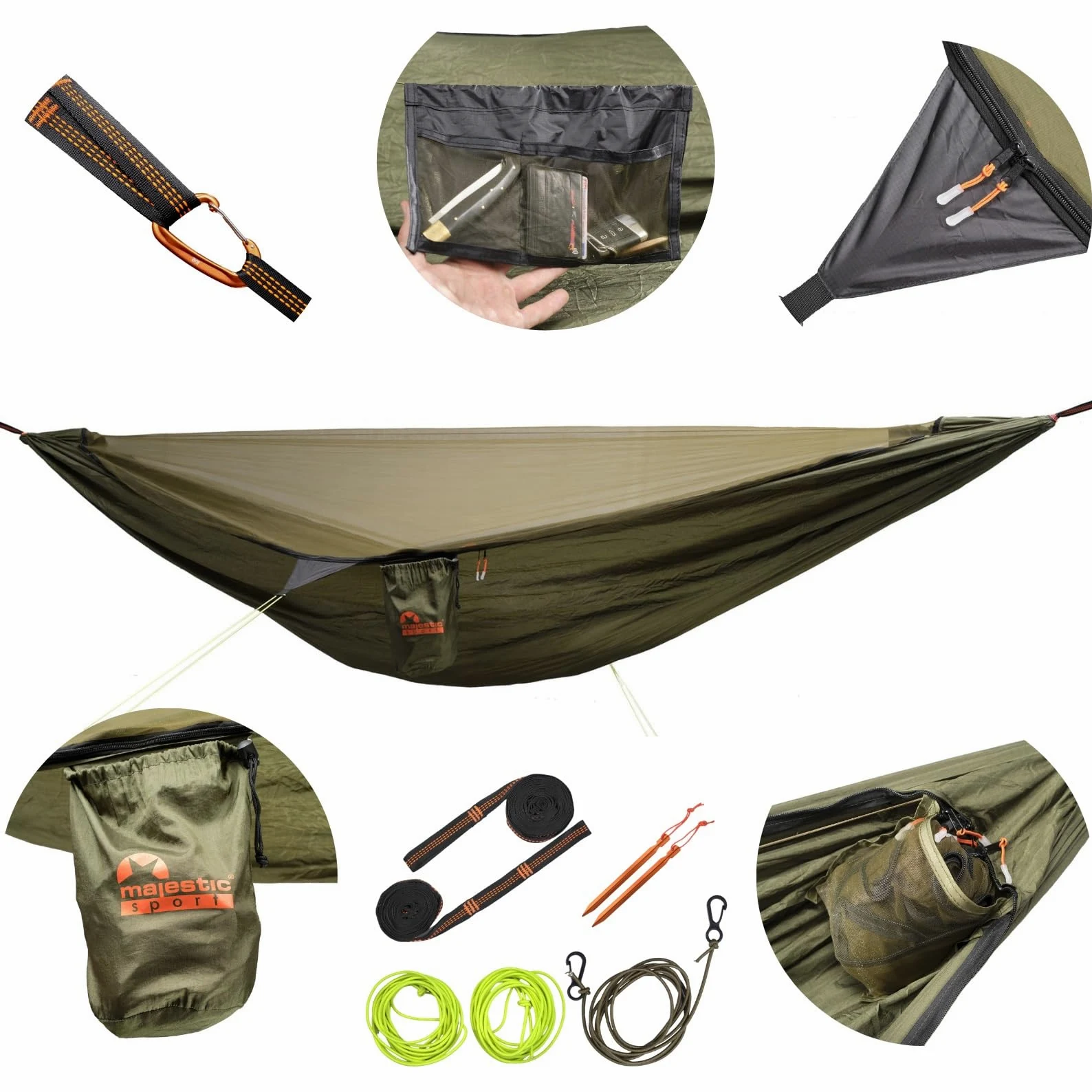 Hedera Hamac avec moustiquaire léger portable pour les excursions en montagne dans la forêt Montage facile Camping Plage Hamac extérieur 330 x 150 cm 300 kg Vert
