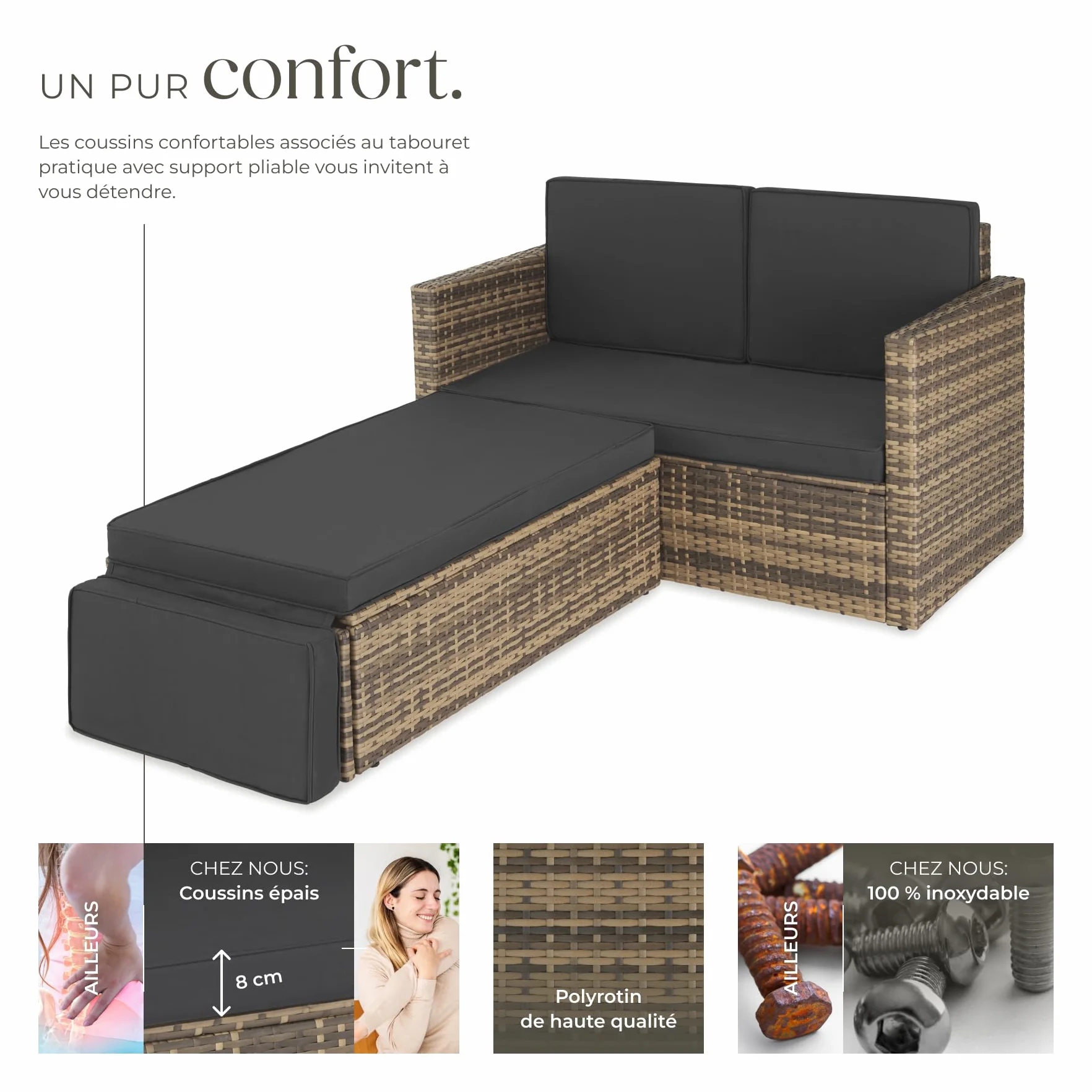 Tectake Salon de Jardin Poly Rotin Modulable Bain de Soleil 2 Places 1 Canapé 1 Tabouret Pouf Repose-pieds Inclinable