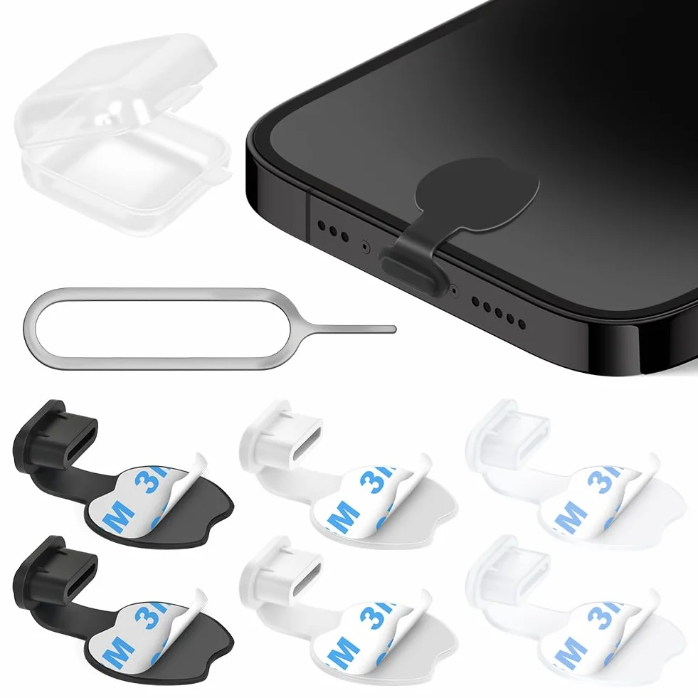 Kit Poussière de Téléphone Silicone pour Prise Adhésive Lot de 6 Caches Anti-poussière Type C Noir Blanc Transparent