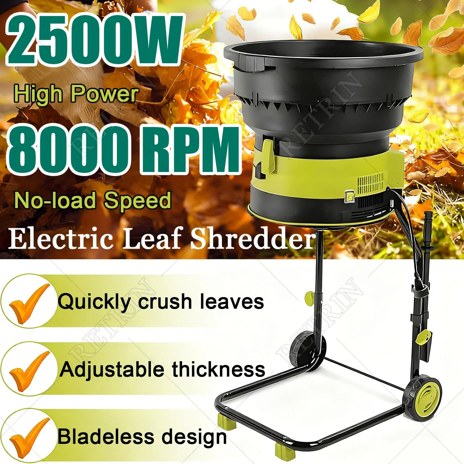 Qiang Broyeur De Feuilles électrique 2500w - Hachoir sans Lame Sécuritaire, 8000 TR/Min - Trémie Large 54cm - Ratio De Broyage 17:1 pour Compost - 208l/Min - Léger avec Roues noPowercord