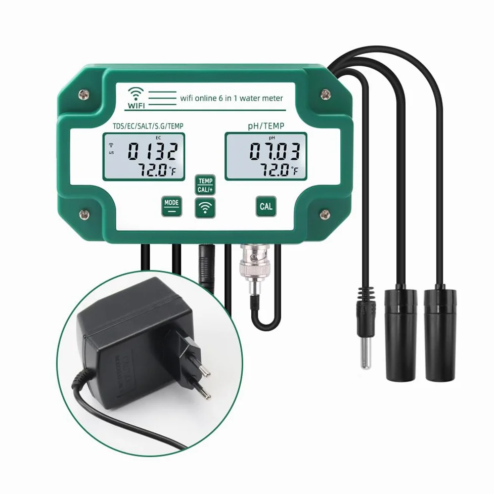 Testeur de qualité de l'eau 6 en 1 WiFi Moniteur de qualité de l'eau multiparamètre Numérique PH/Solides totaux dissous/EC/S.G/Salt/Temp Meter pour Aquaculture Piscine