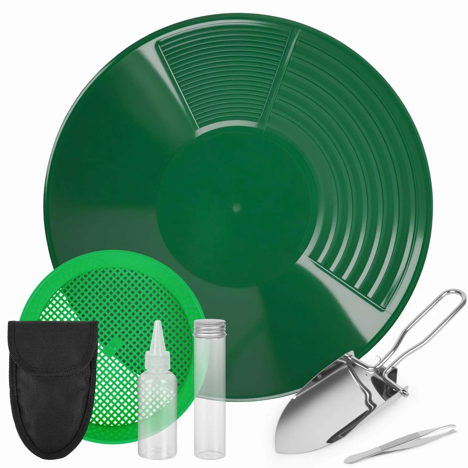Kit Orpaillage 38.5cm Batee Orpaillage Gold Pan Rampe avec Tamis Plastique pour Chercheur d'Or Vert