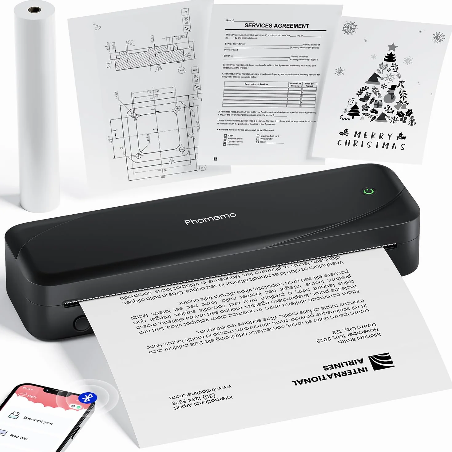 Phomemo M833 Imprimante Thermique A4 300 DPI sans Encre, Batterie 2600mAh, Compatible PC Android iOS Noir