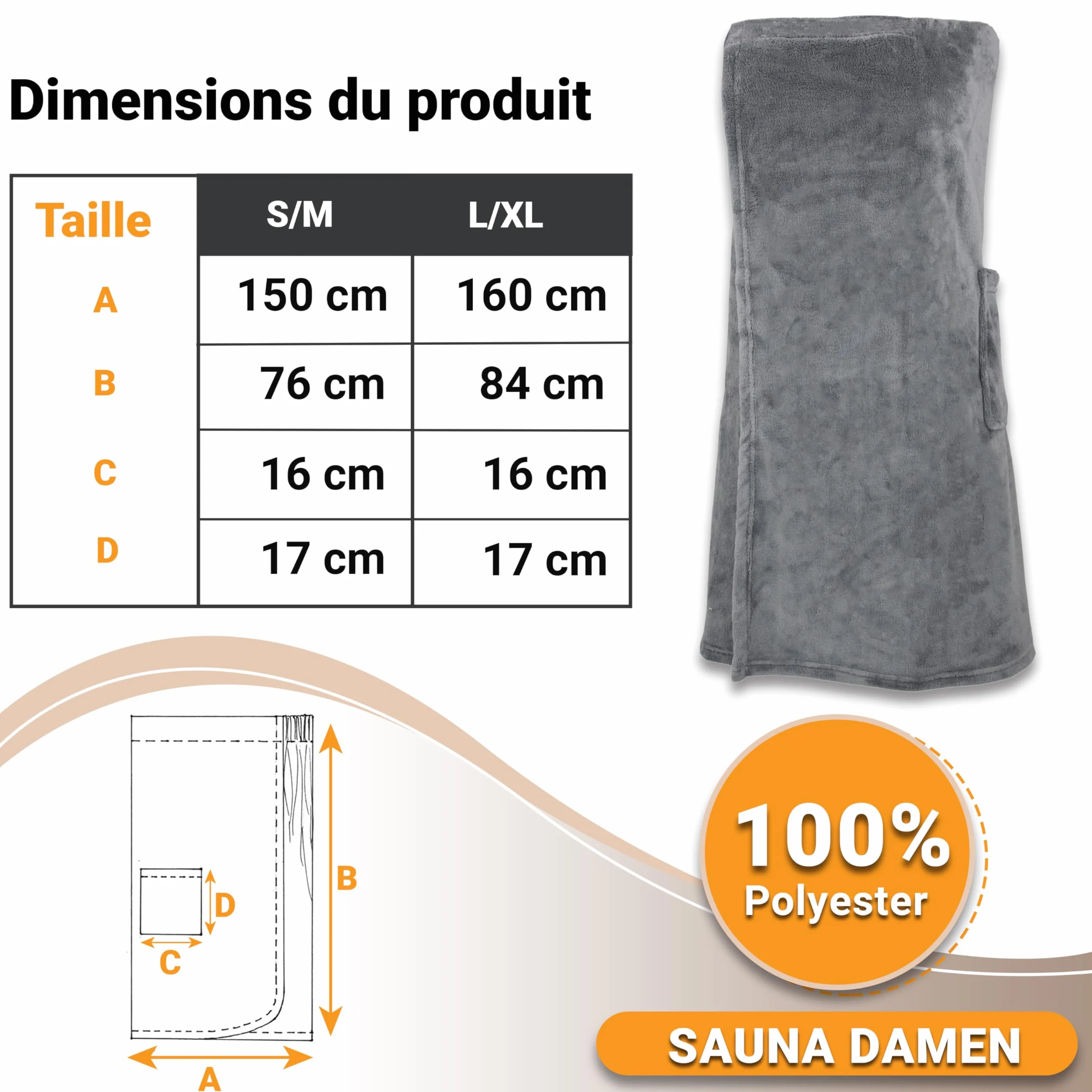 ZOLLNER Kilt de sauna pour femmes gris polyester lavable 40°C