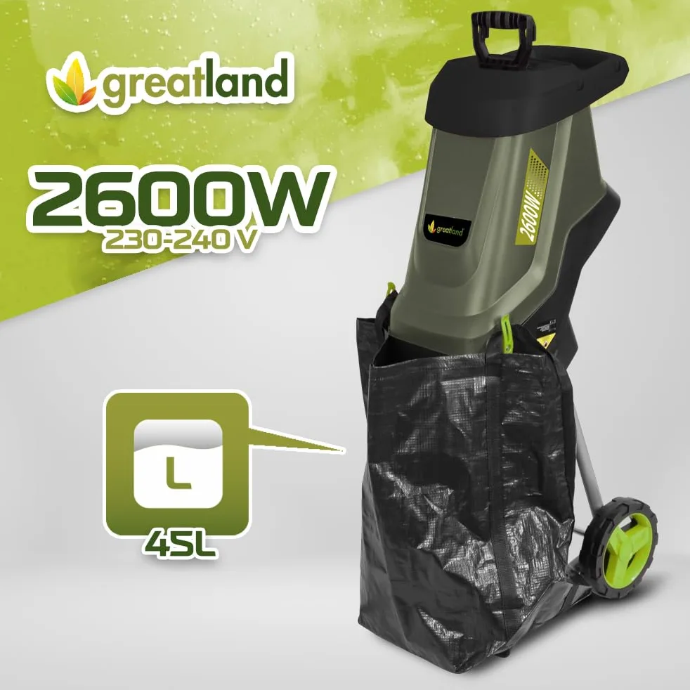 Broyeur de végétaux électrique 2600W avec sac récupérateur de 45L