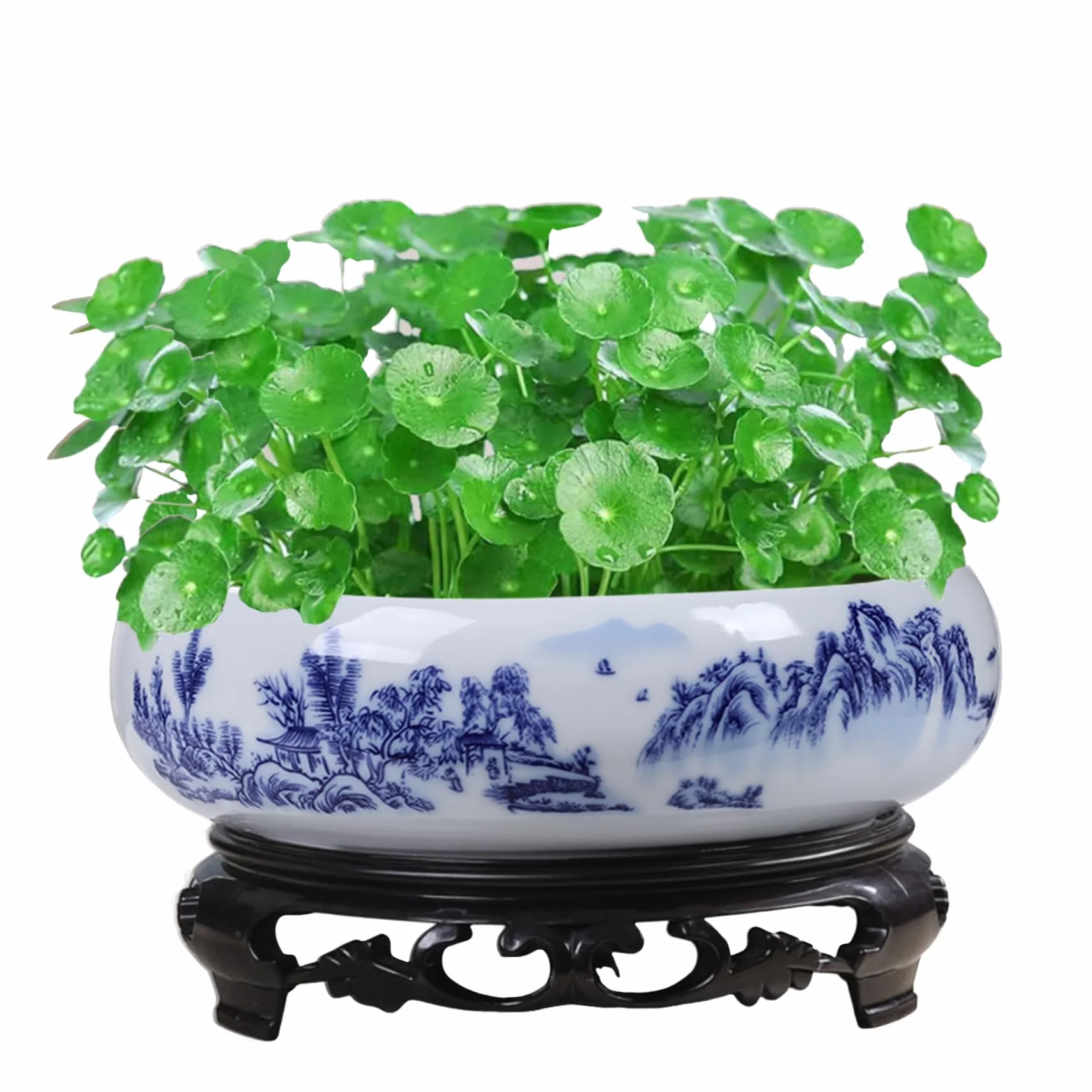 Lotus pot de fleurs en céramique bleue et blanche, pot décoratif rond pour jardin, balcon, bureau