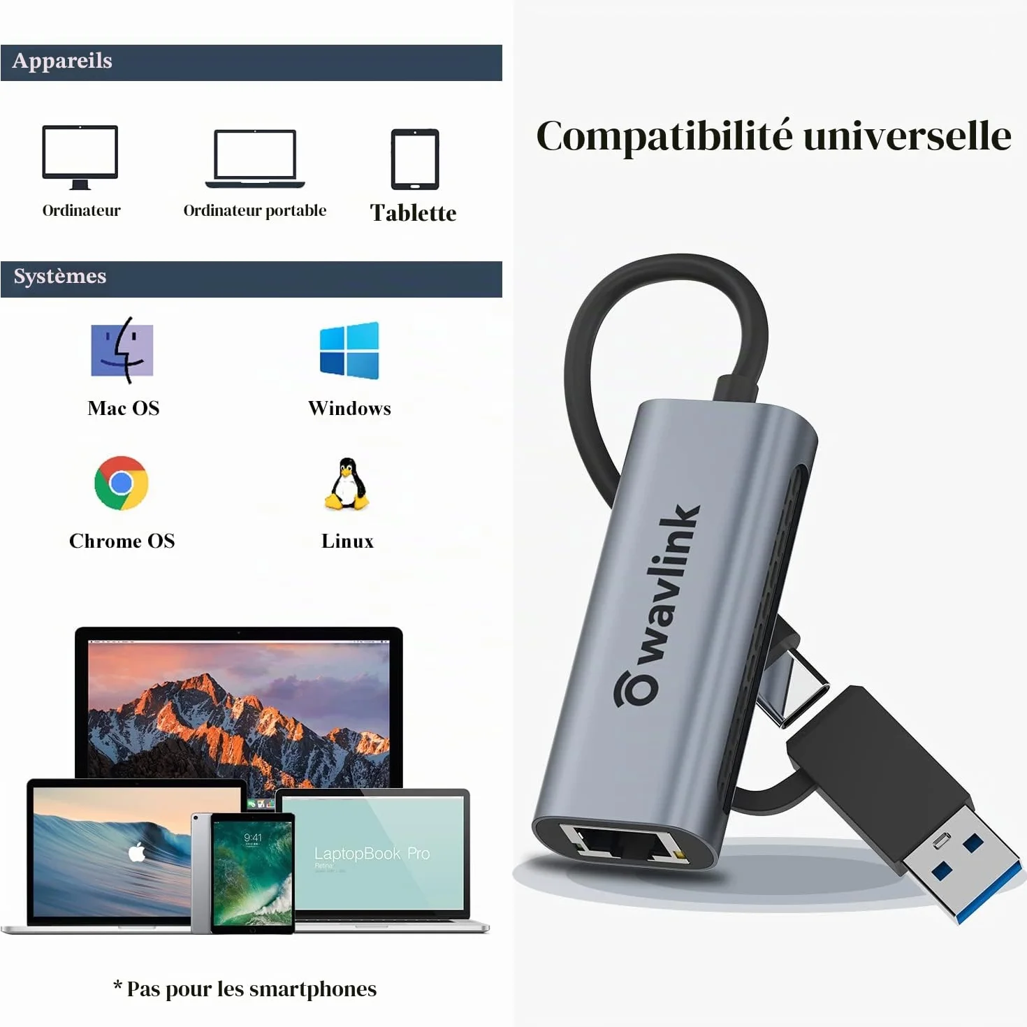 WAVLINK Adaptateur USB vers Ethernet 2.5G 2500Mbps Thunderbolt 3 USB C RJ45