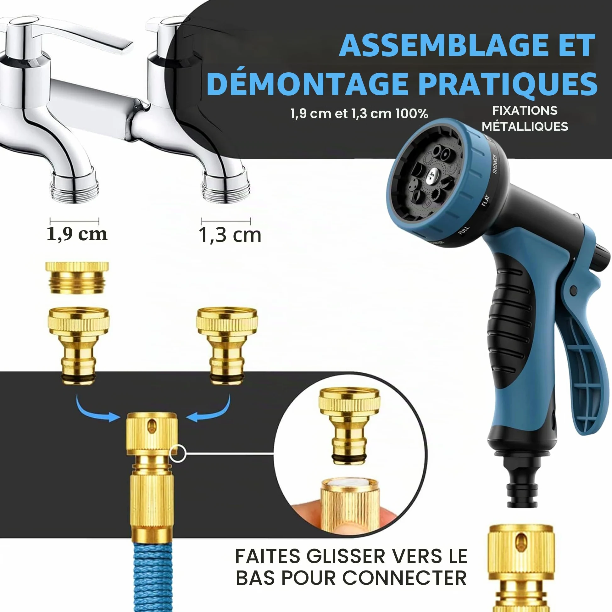 Expandable Garden - Tuyau d'eau flexible avec tissu - 75FT/22.5m-avec buse de pulvérisation à 10 motifs, tuyau de tuyau rétractable résistant aux fuites, connecteur en alliage de laiton, sans kink