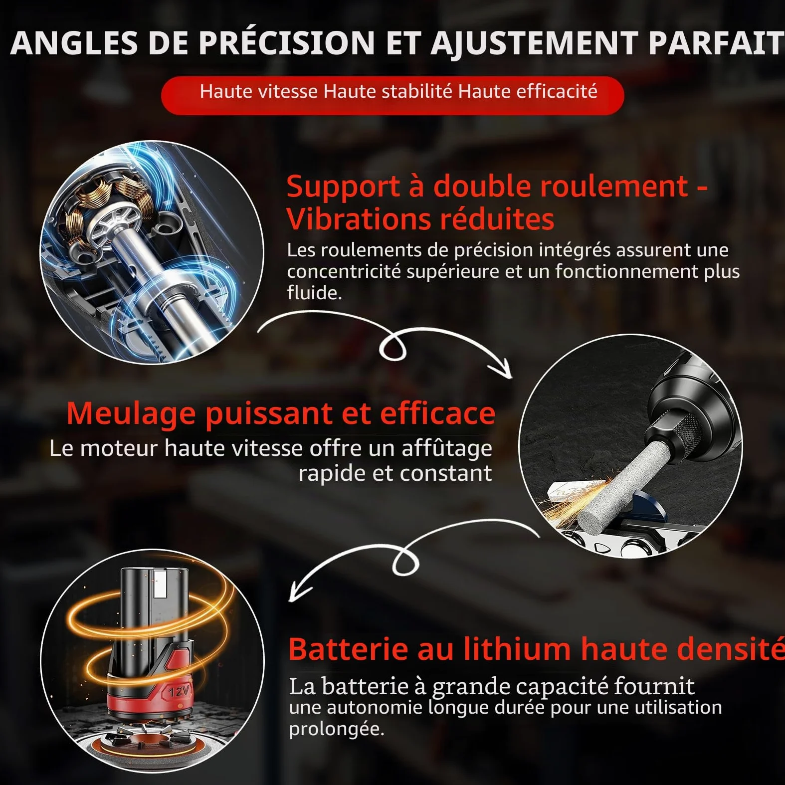 Affûteur de Chaîne de Tronçonneuse Électrique Sans Fil, Aiguiseur | avec 9 Têtes de Meulage, Brosse en Alliage & Guide d’Angle Réglable 25°/30°/35°, USB, pour Tronçonneuses