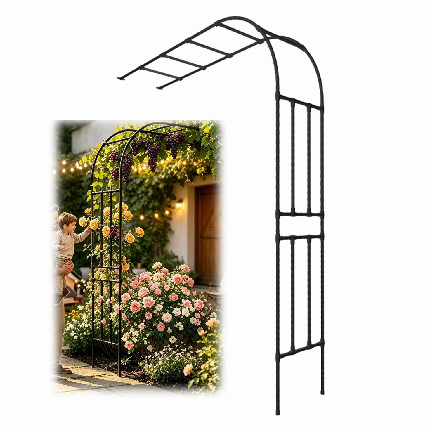Demi-Arche de Jardin Hauteur 270 220 180 90 240 cm, Support pour Plantes Grimpantes, Arceau Métallique pour Rosiers, Tonnelle Décorative Extérieure, Anti-Rouille(Noir,W120xH270cm)