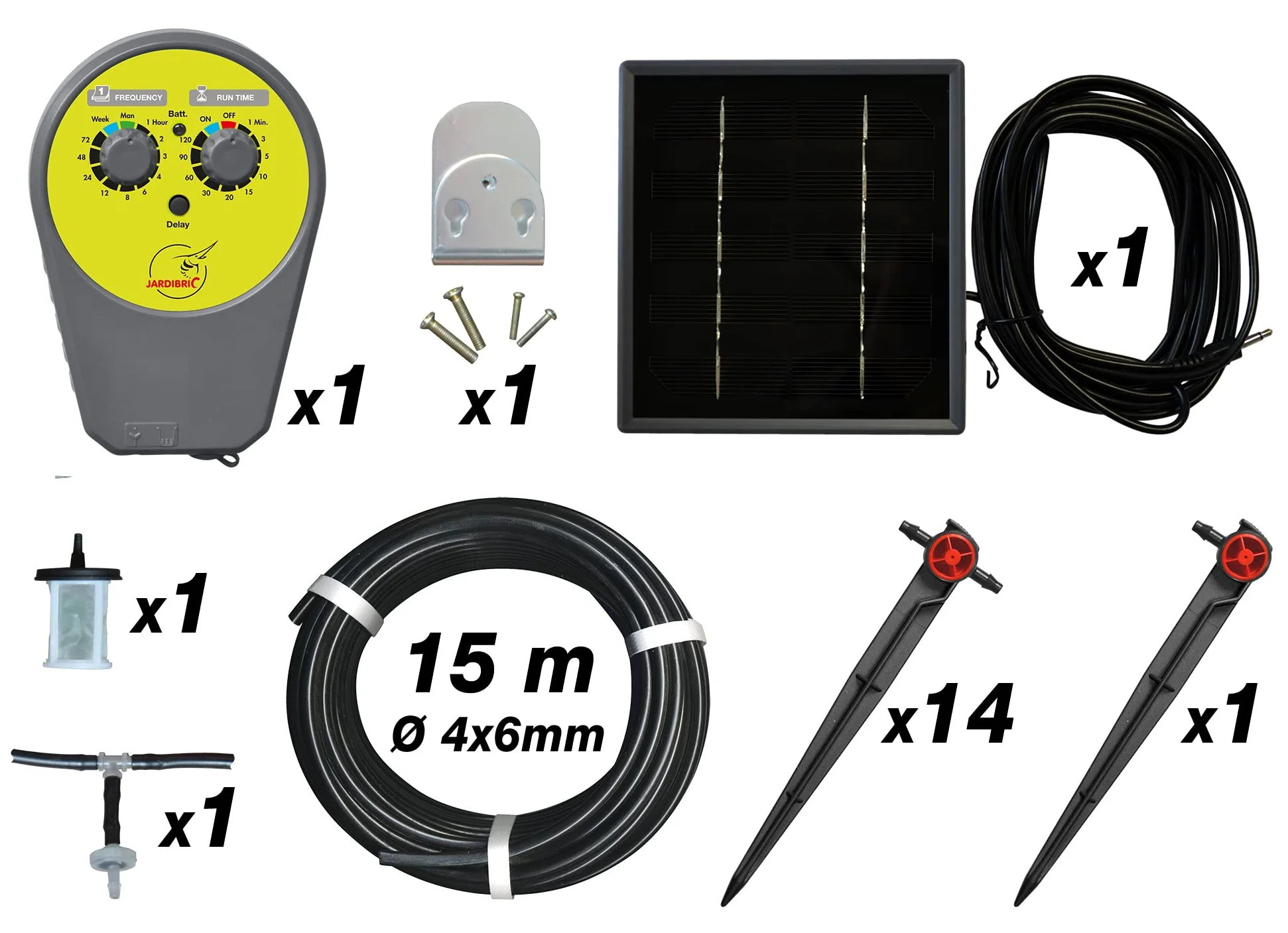 Jardibric - Kit Arrosage Goutte à Goutte Solaire 15 m - Pompe Programmable 15 Goutteurs 4x6 mm