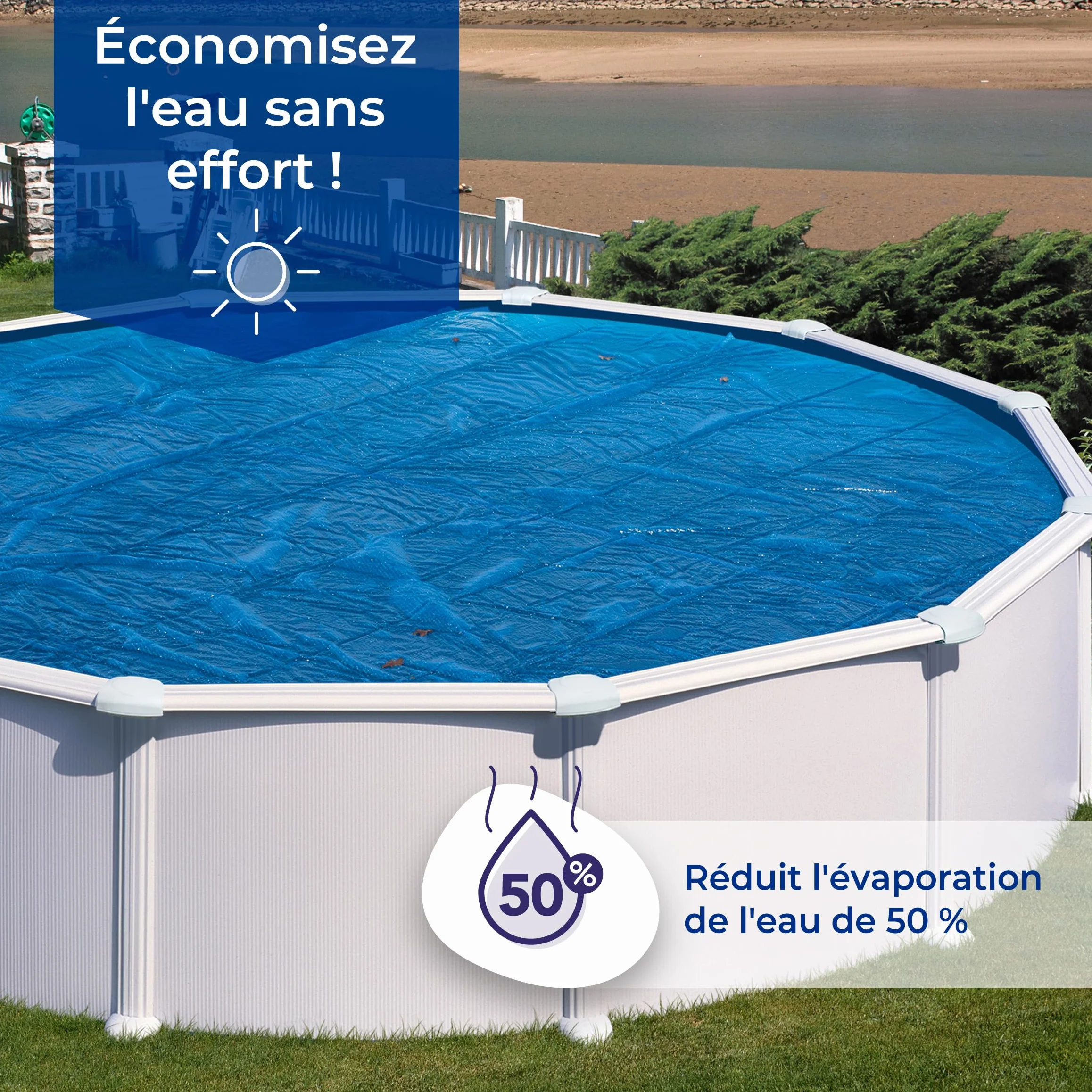 GRE 773324 - Bâche d'été pour piscines ovales de 610x375cm, épaisseur 400µ, Couleur Bleue