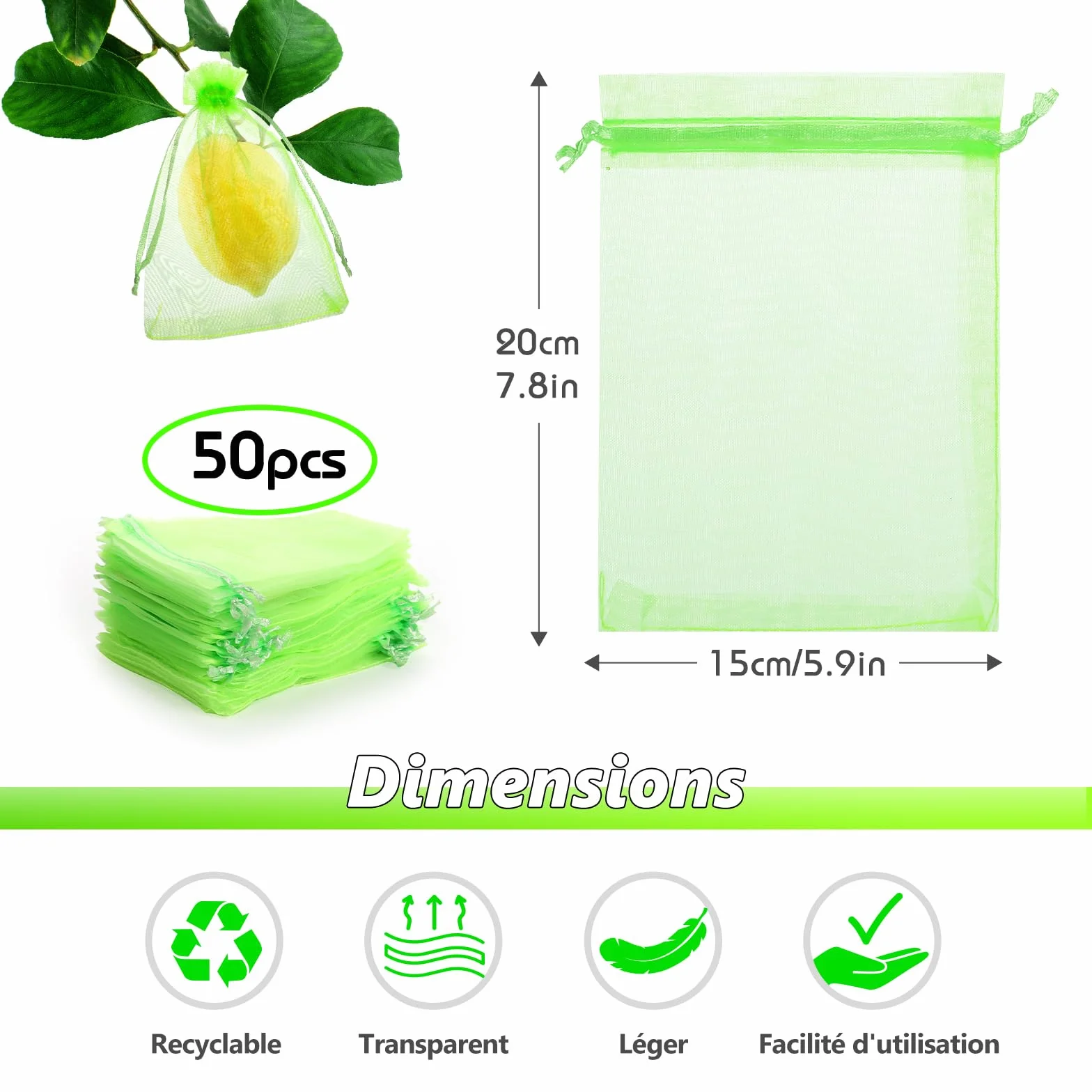 Sac de Raisin Net 15x20cm Filet Anti-Insectes Réutilisable 50pcs Protection Fruits Légumes Jardin