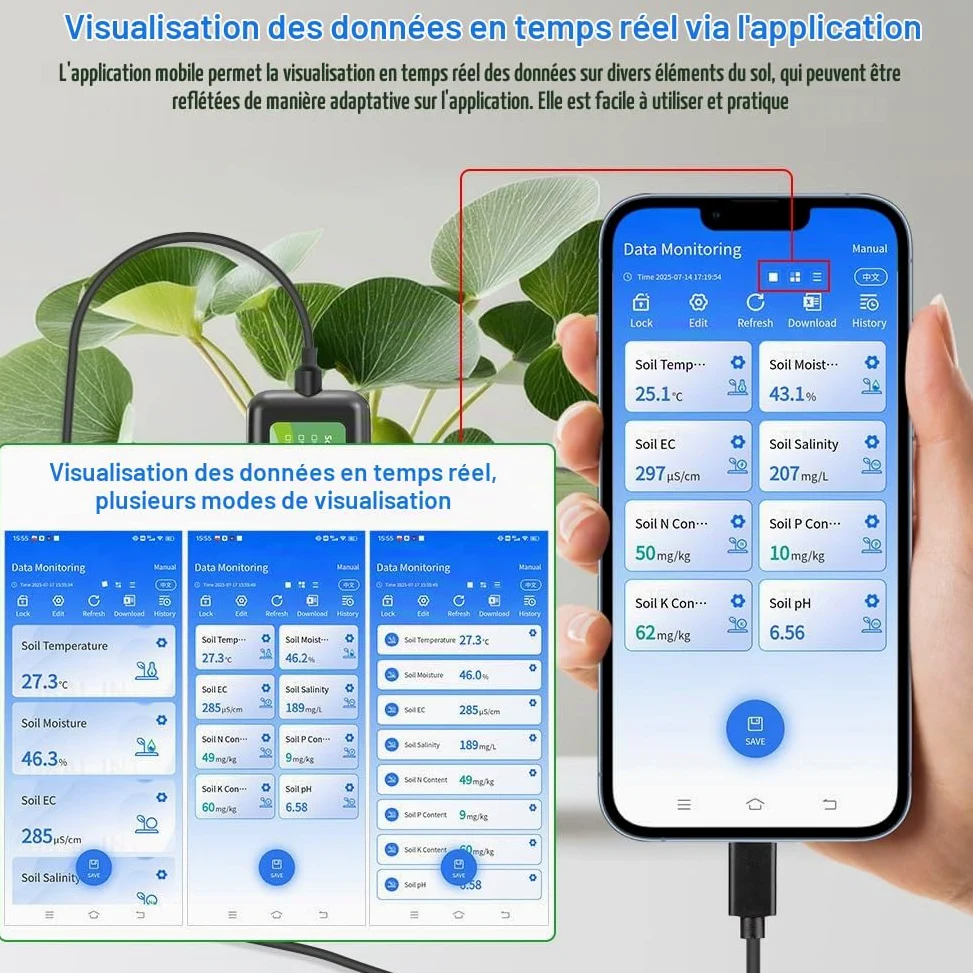 Testeur de sol USB 8 en 1, capteur de sol, testeur numérique des sols avec analyse du pH, de la température, de l'humidité et des nutriments NPK