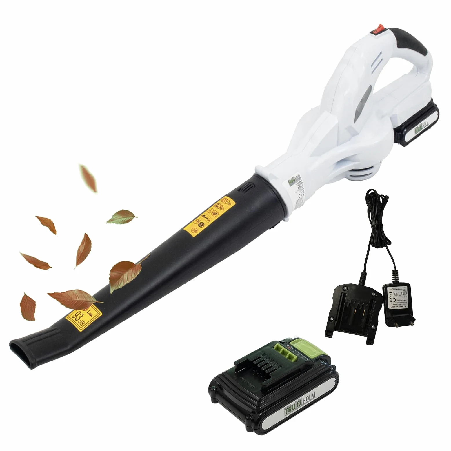 TRUTZHOLM Souffleur à feuilles sans fil 20 V avec batterie de 2000 mAh et chargeur – Souffleur de feuilles sans fil, léger de 1,4 kg avec 90 cm de longueur, 40 min d'autonomie, poignée ergonomique et