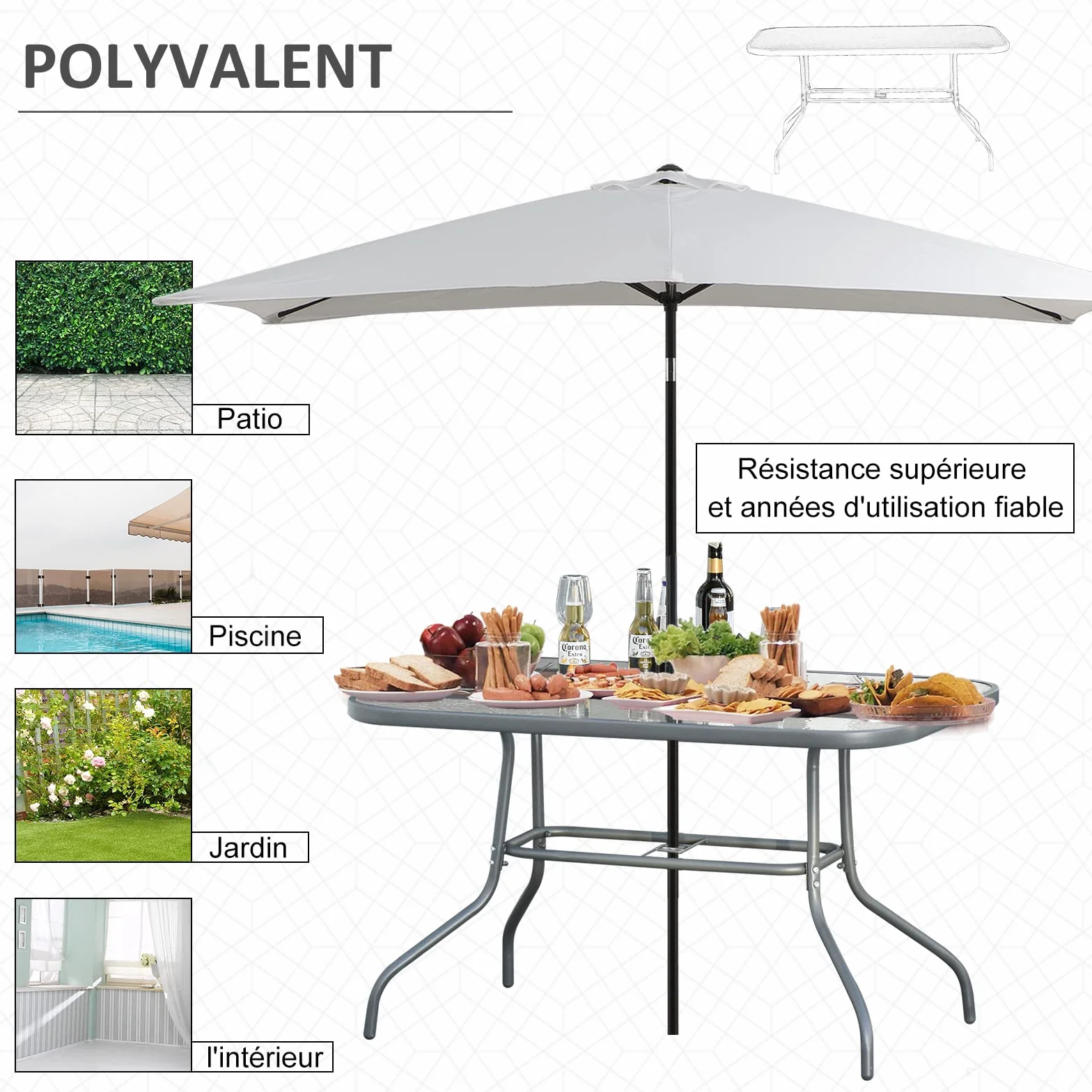 Outsunny Table de Jardin rectangulaire 120x80x70 cm métal époxy Gris Verre trempé