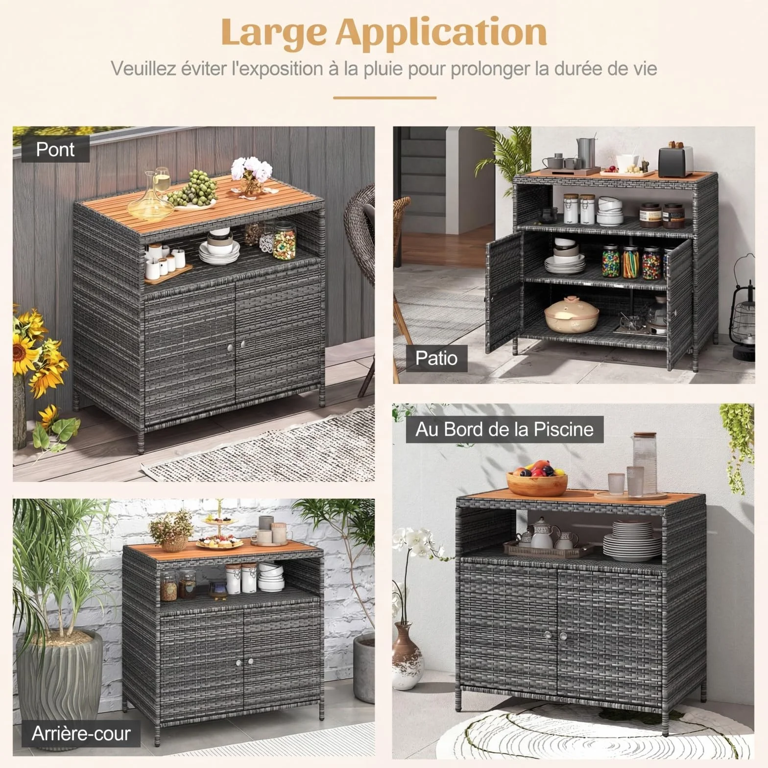 COSTWAY Armoire de Rangement Exterieur en Rotin, Jardin avec Plateau en Bois d'Acacia, Buffet 2 Portes, Gris