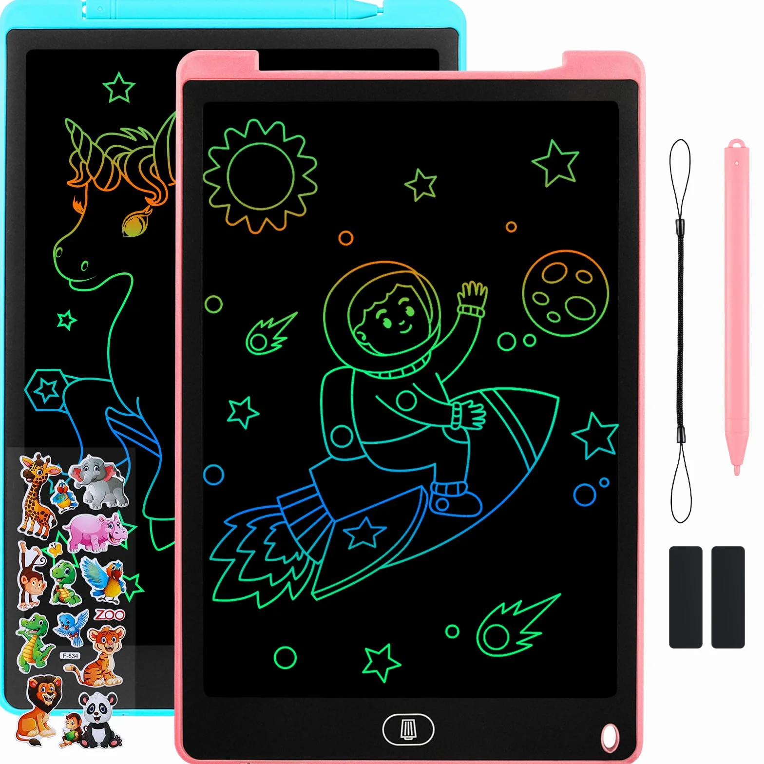 Tablette D'écriture LCD 12 Pouces 2 Pack, Tablette Dessin Écran Coloré, Bloc Effaçable avec Autocollants Animaux, Bleu + Rose