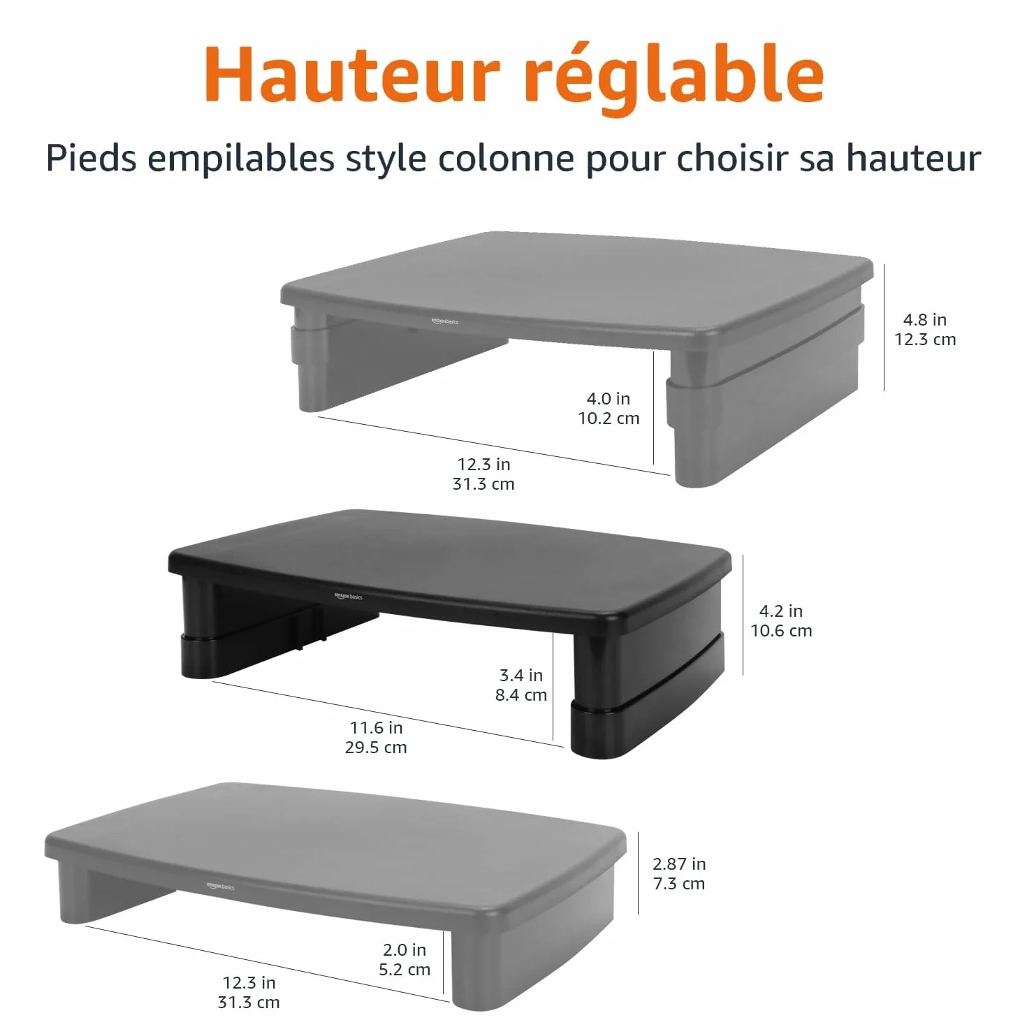 Amazon Basics Rehausseur de Moniteur Réglable en Hauteur, Design Empilable 3 Niveaux, Plastique ABS, 10kg, Noir