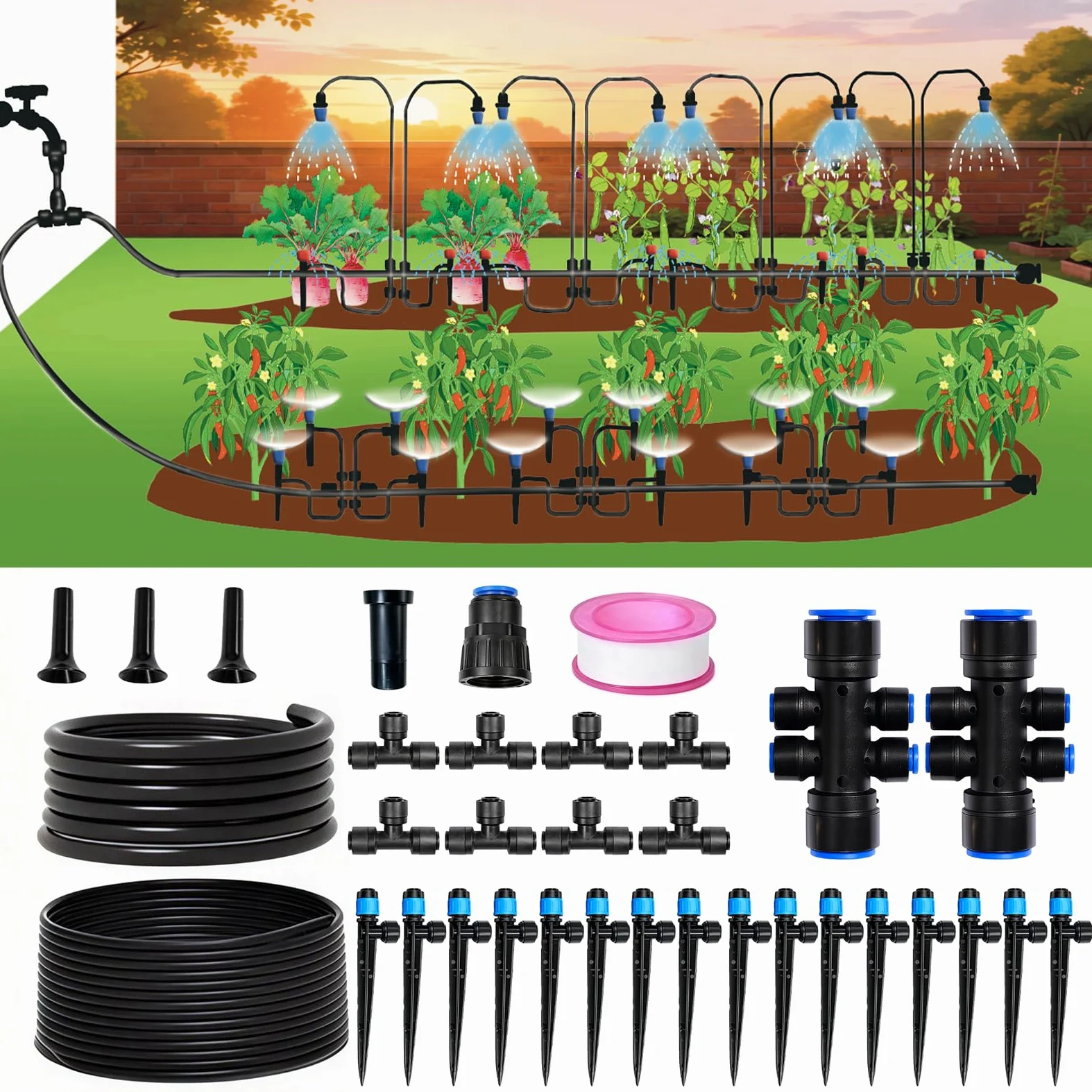 Kit de système d'irrigation goutte à goutte de 10 m, système d'arrosage goutte à goutte avec tubes à connexion rapide de 1,27 cm et 1,3 cm, goutteurs et pulvérisateurs réglables, système d'irrigation