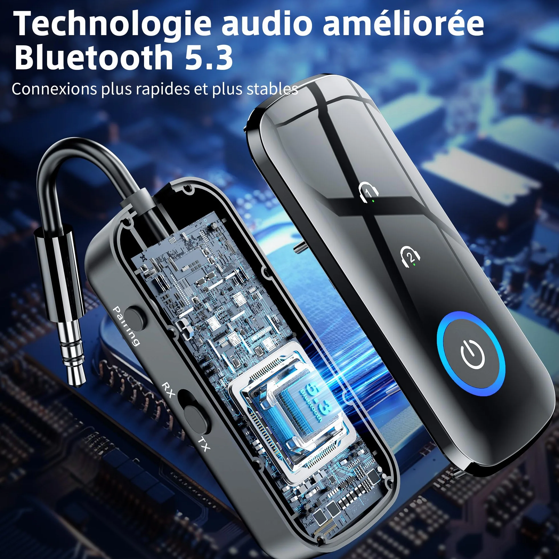 SONRU Adaptateur Bluetooth 5.3 2 en 1 Emetteur Récepteur 3,5 mm AUX Jack pour TV/PC/Voiture