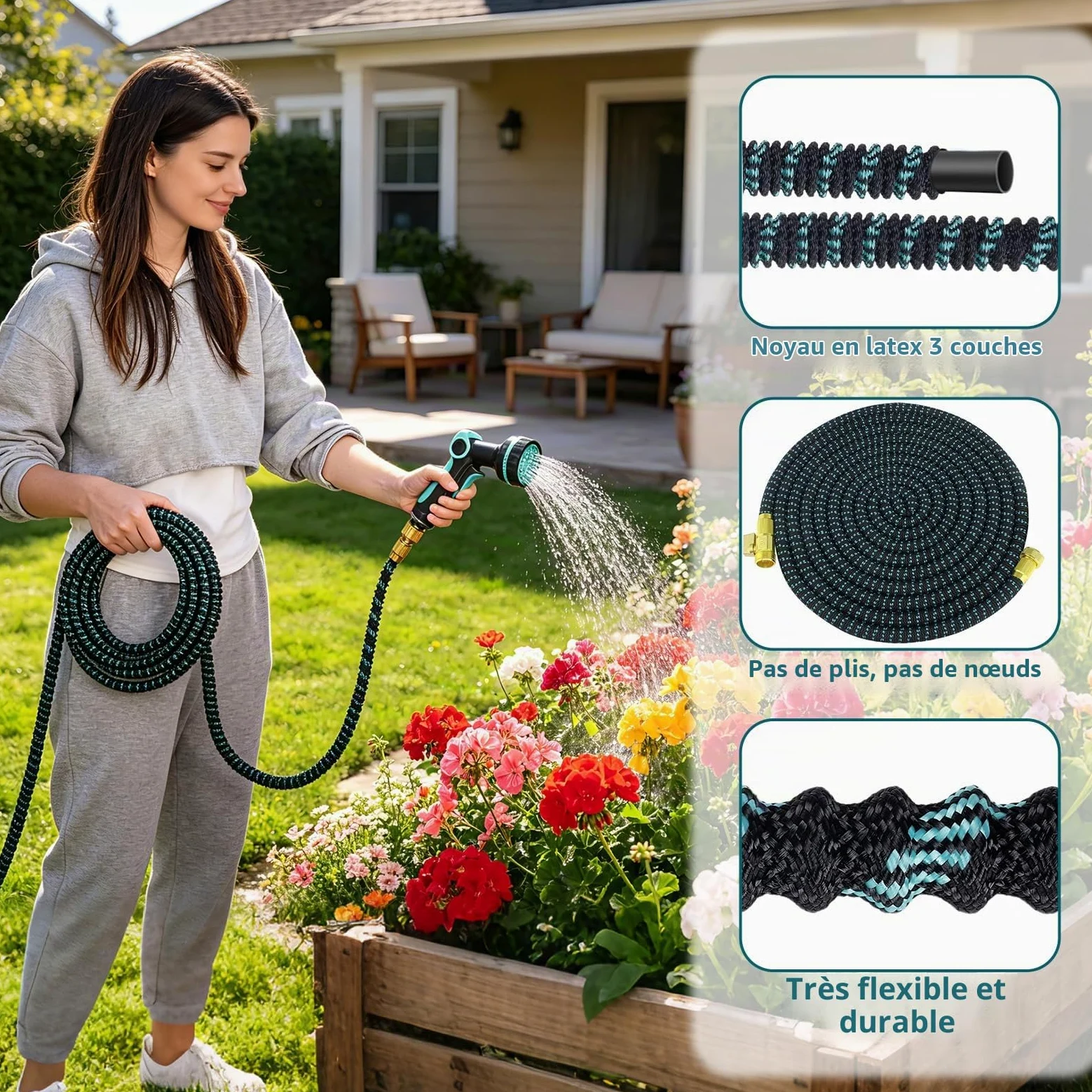 Tuyau d’Arrosage, Extensible 30m Tuyau Arrosage Flexible avec 10 Modes de Pulvérisation, Adaptateurs 1/2" et 3/4", Garden Hose pour Jardin Nettoyage Voiture