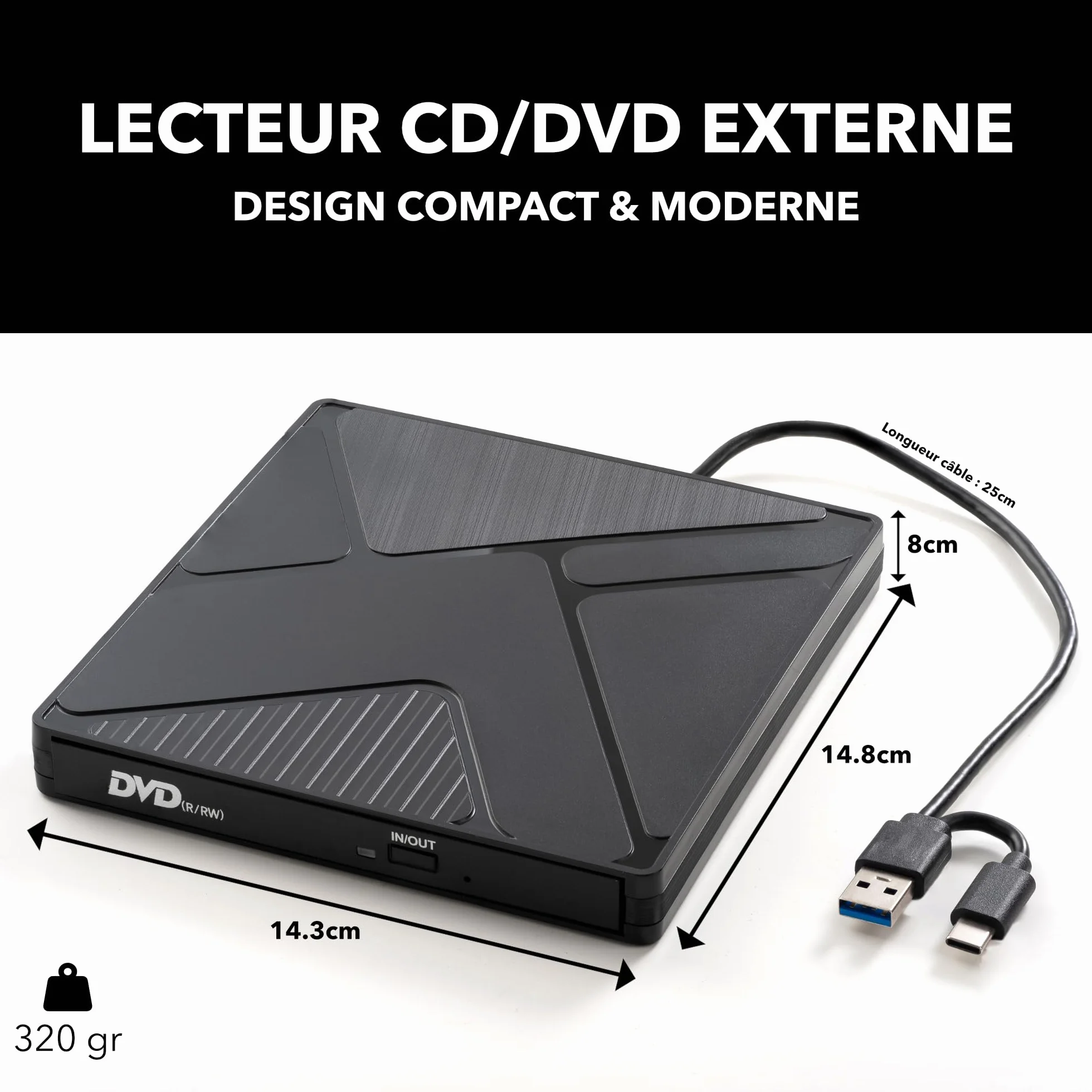 Takit Lecteur CD DVD Externe USB 3.0 & USB-C Graveur DVD Portable +/-RW Câble Intégré Compatible Windows Mac