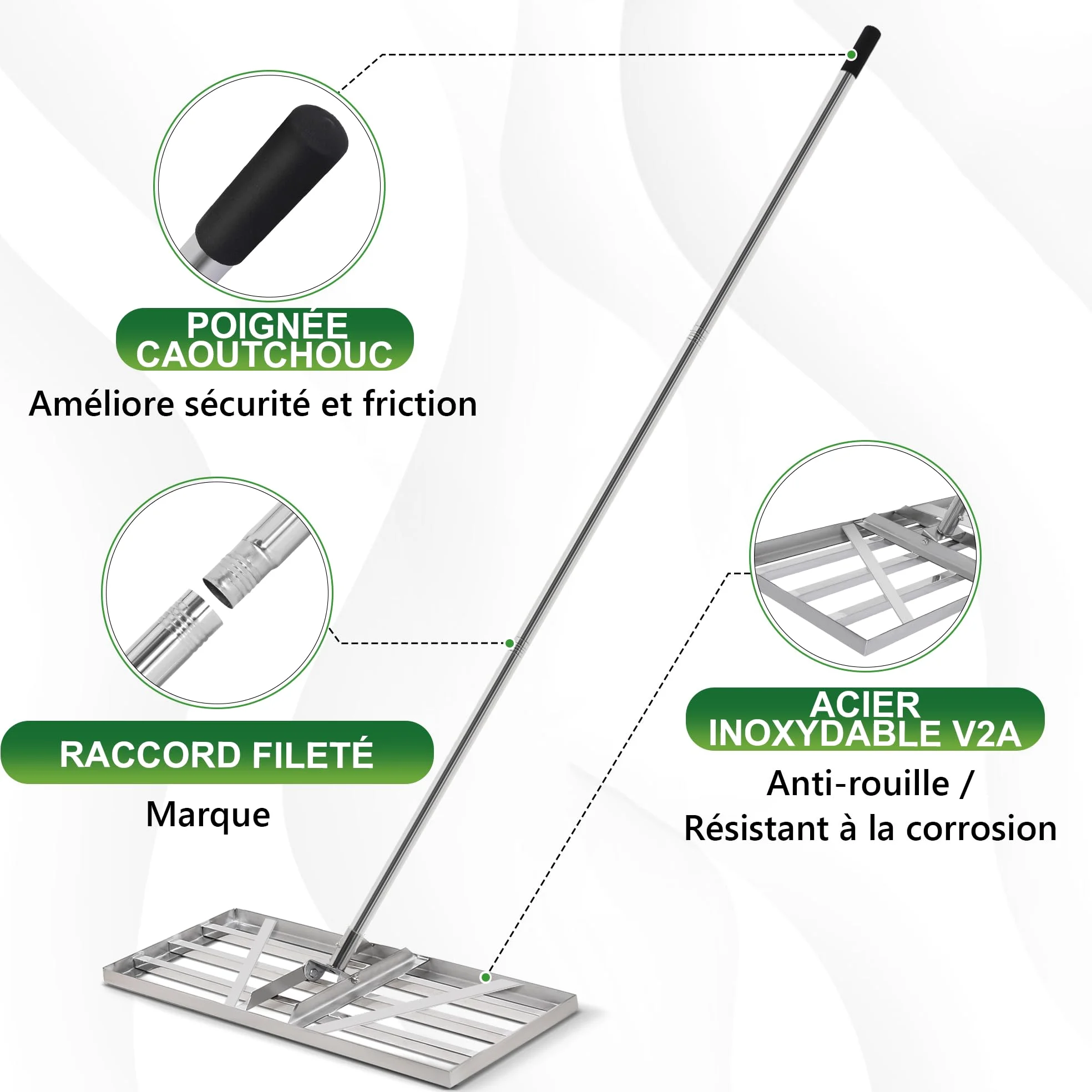 XIIW XXL Râteau de Nivellement Pelouse 85 x 35 cm, Manche Réglable 200 cm | Acier Inoxydable V2A Épaissi, Outil pour Niveler Gazon, Pelouse et Sol, Jardins, Terrains de Golf et de Football