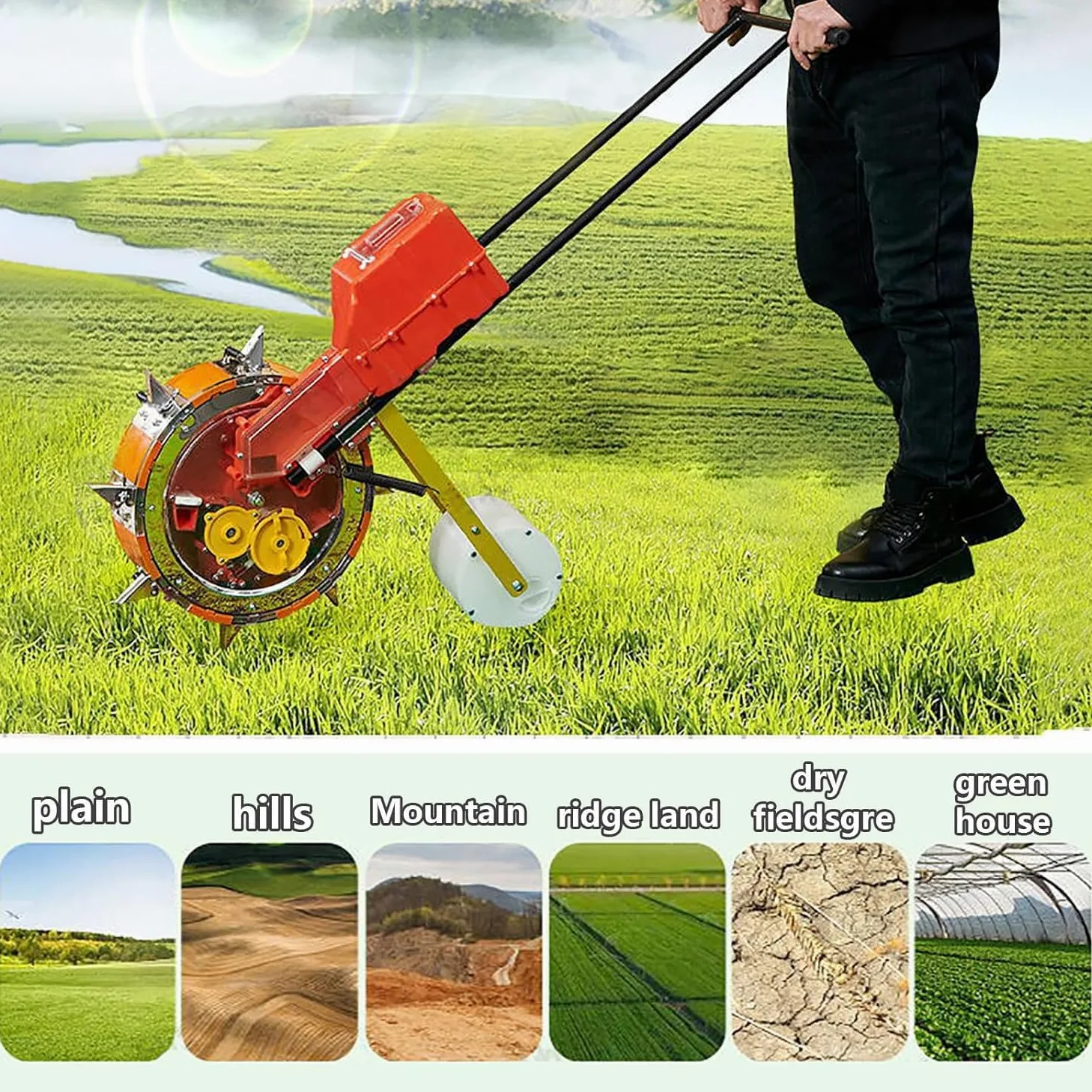 Semoir à rouleaux à poussée manuelle, semoir manuel, semoir de jardin à poussée manuelle, semoir en rangées en acier inoxydable, semoir à maïs, espacement réglable des plantes pour soja, arachide, m