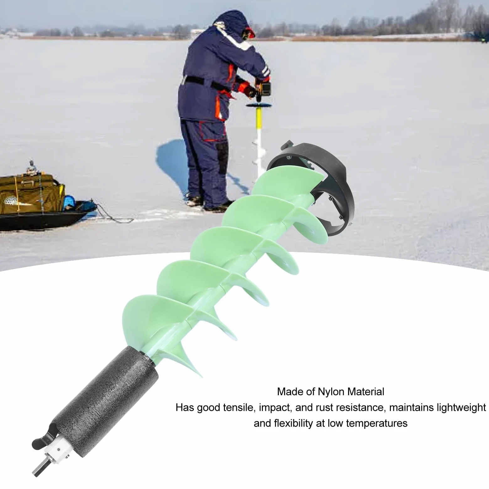 Foret à tarière pour pêche sur glace, 8 po x 28 po, nylon flottant | Tête de coupe en carbure avec adaptateur de foret pour la pêche sur glace épaisse et en eau profonde