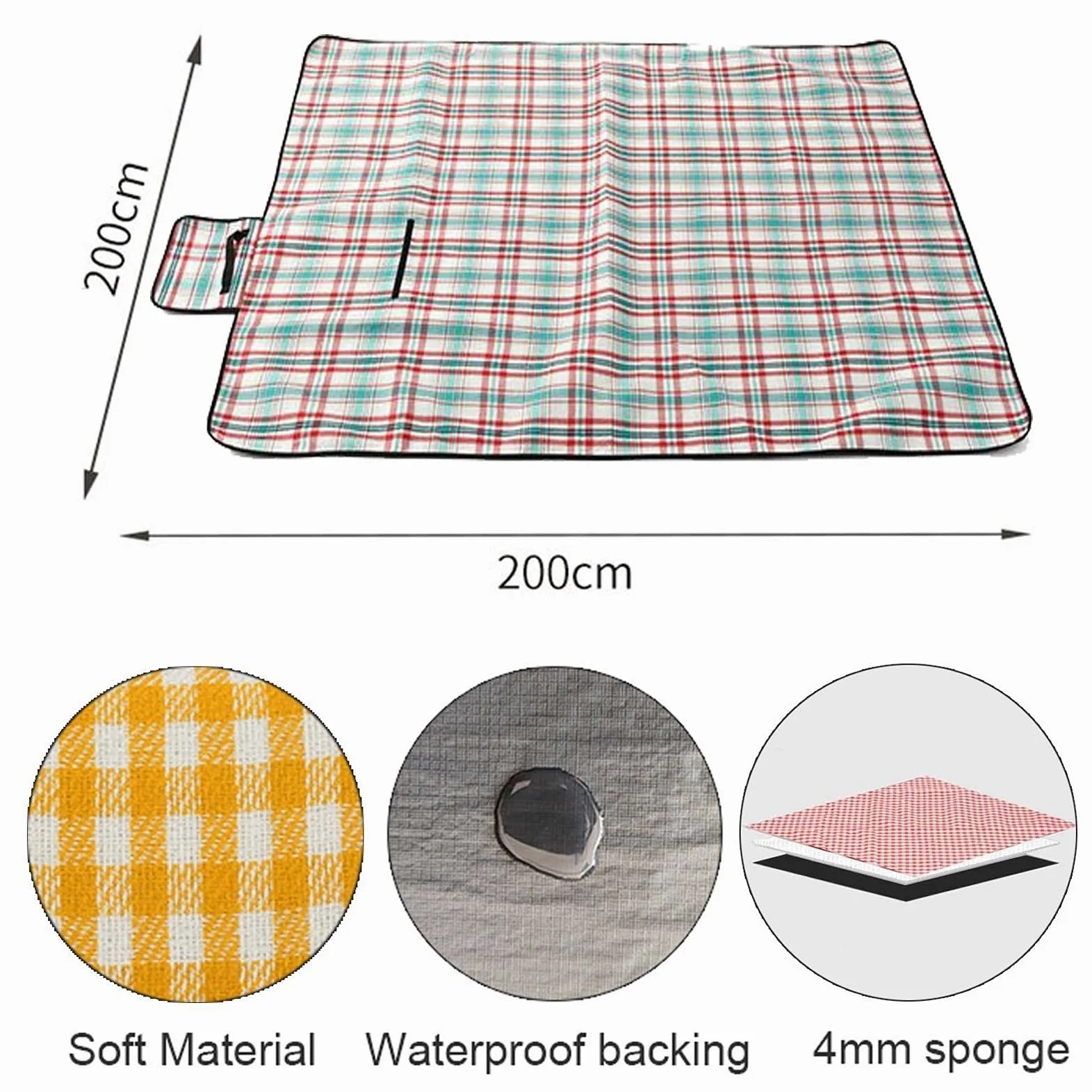 Couverture Pique Niques Imperméable, 150x200 cm Portable Tapis Pique Niques, Nappe Picnic Natte de Plage pour Jardin Camping Extérieur (Color : Green Grid)