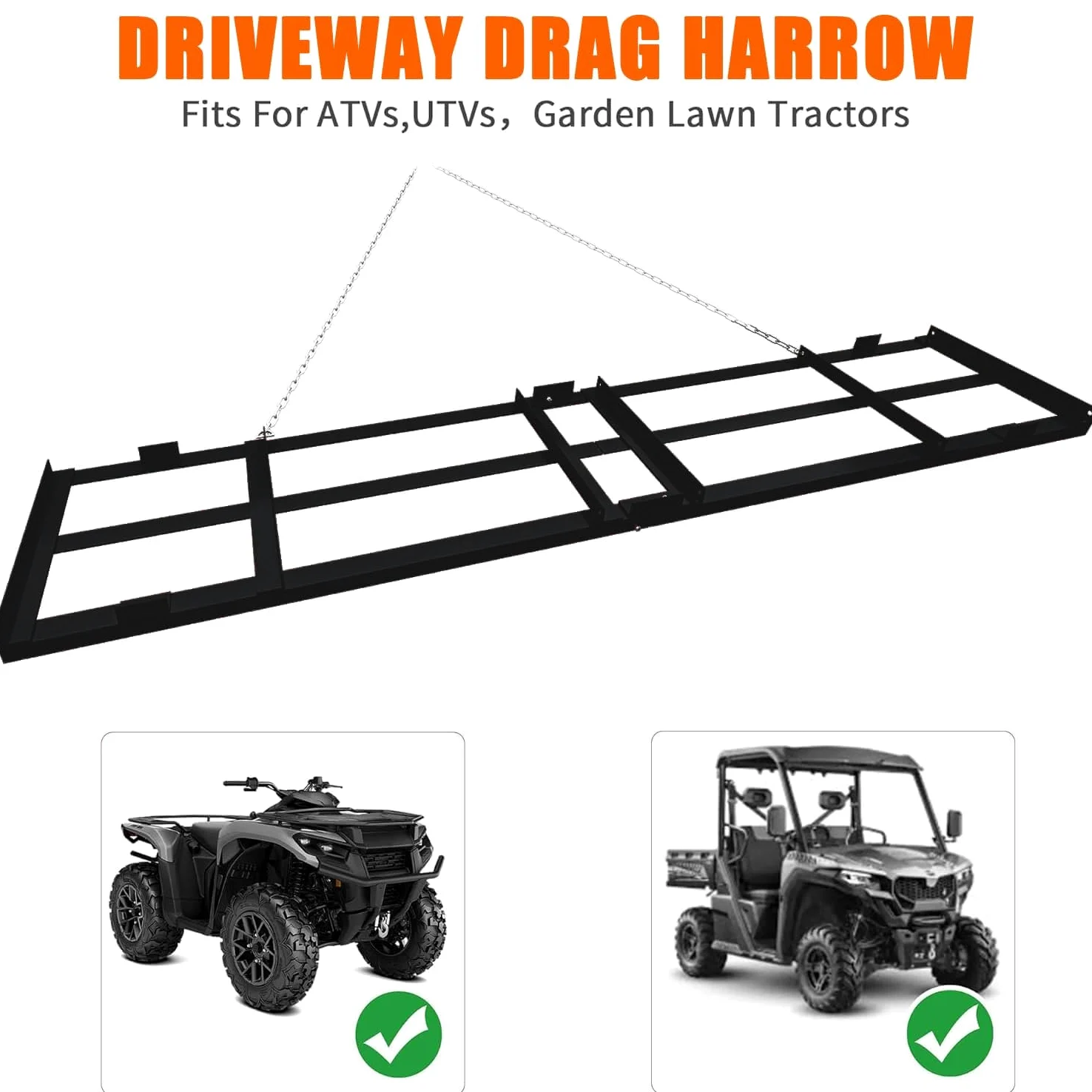 Garvee Herse trainée de 122 x 51 cm (48 x 20 Pouces), Niveleur pour pelouse en Acier Q235 Lourd avec Barres réglables, râteau pour nivellement Gravier et Sol pour VTT, UTV et tracteurs de Jardin Noir