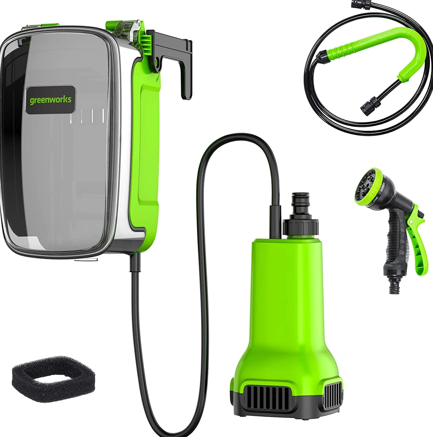 Greenworks G24SWP Pompe à Eau Submersible Sans Fil, 1800L/heure, Raccord Rapide 1/2", Tête de Pulvérisation 8-en-1, Tuyau de 2m SANS Batterie 24V Ni Chargeur, Garantie 3 Ans