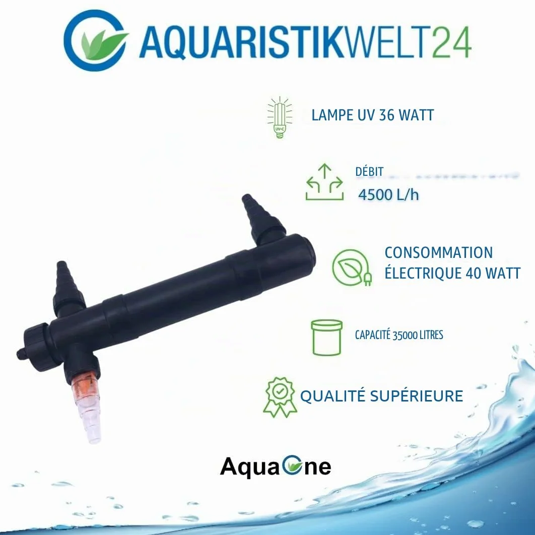 AquaOne Clarificateur UVC CUV 136 I Clarificateur d'eau avec lampe UV 36 W I Clarificateur UVC I Eau claire dans l'étang I Destructeur d'algues pour bassin de jardin, piscine, aquarium